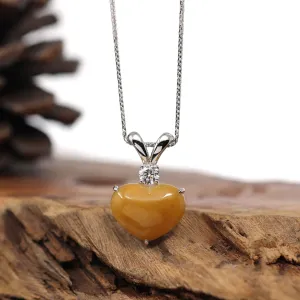 Baikalla 14K Gold Genuine Burmese Yellow Jadeite Jade Heart Pendant with Moissanite