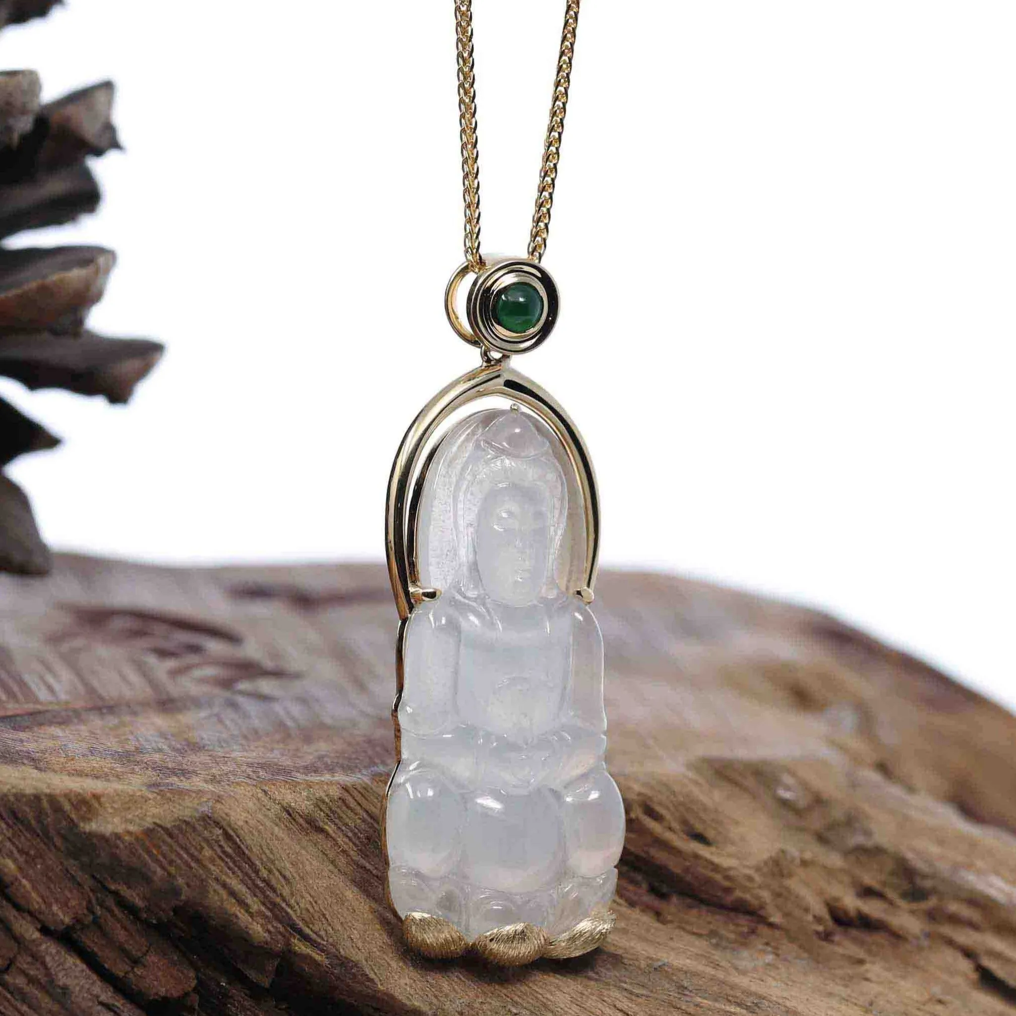 Baikalla 14k Gold "Goddess of Compassion" Genuine Burmese Jadeite Jade Guanyin Necklace