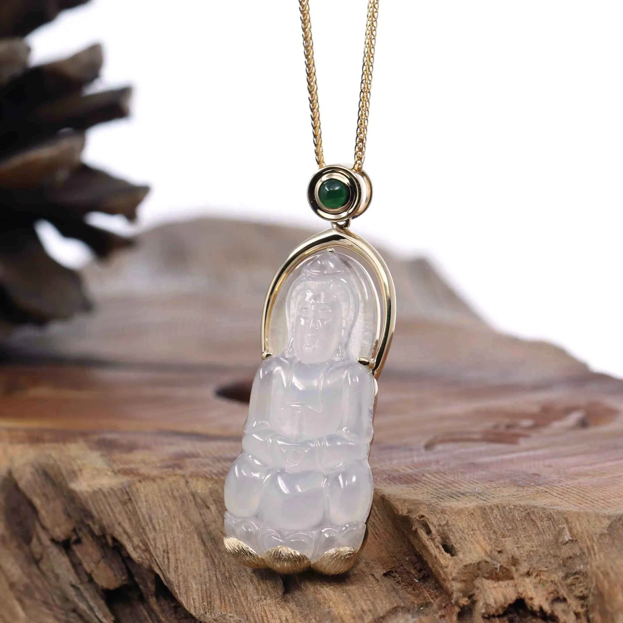 Baikalla 14k Gold "Goddess of Compassion" Genuine Burmese Jadeite Jade Guanyin Necklace