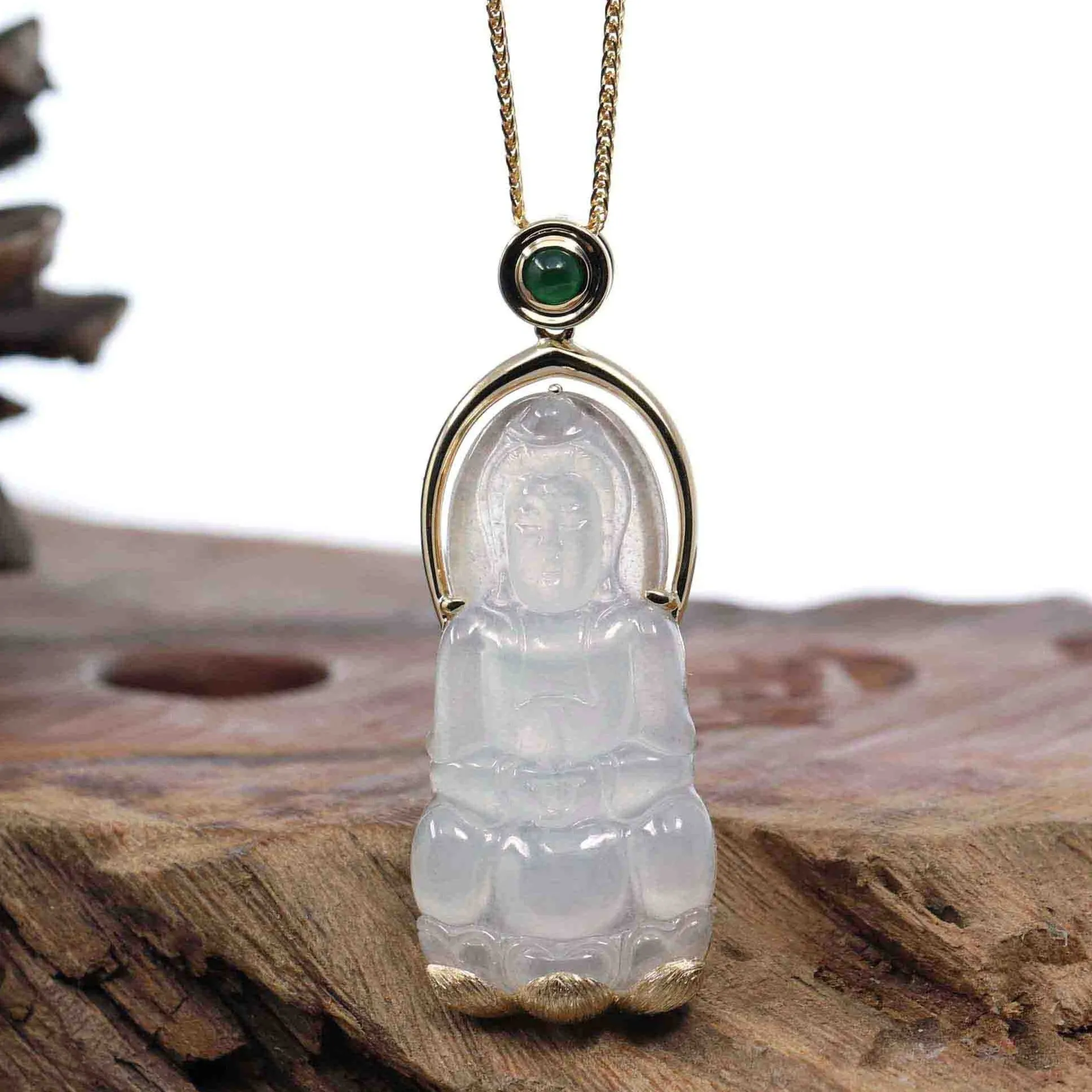 Baikalla 14k Gold "Goddess of Compassion" Genuine Burmese Jadeite Jade Guanyin Necklace