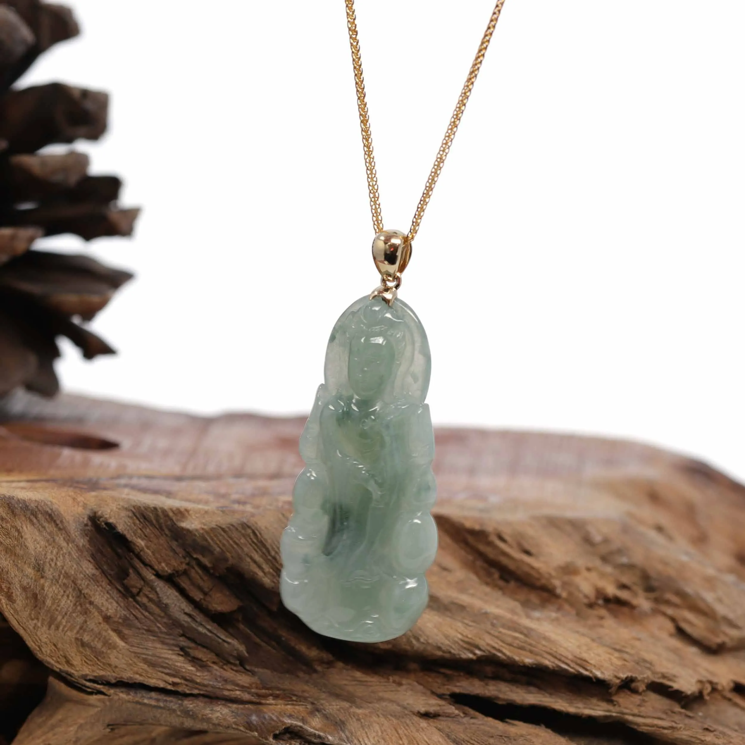 Baikalla 14k White Gold "Goddess of Compassion" Genuine Ice Blue Green Burmese Jadeite Jade Guanyin Necklace With Good Luck Design