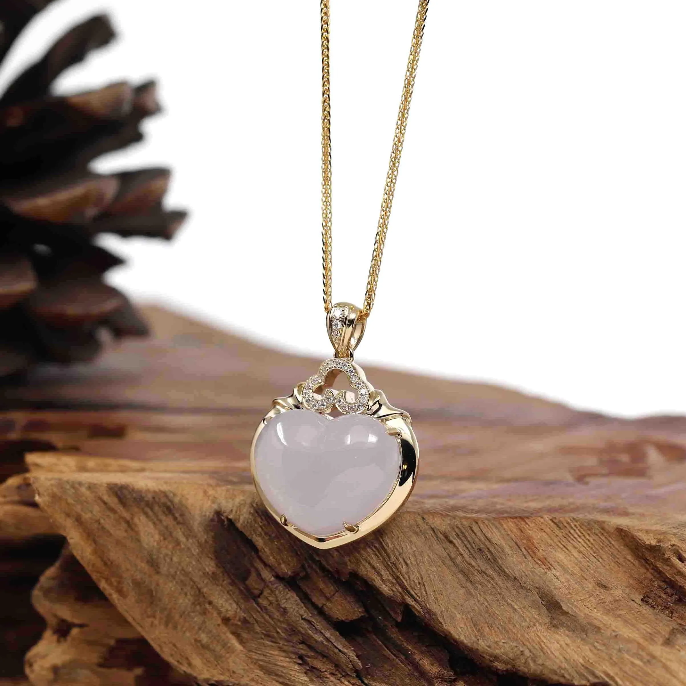 Baikalla 14K Yellow Gold Genuine Burmese Lavender Jadeite Jade Heart Pendant with VS1 Diamonds High Jewelry