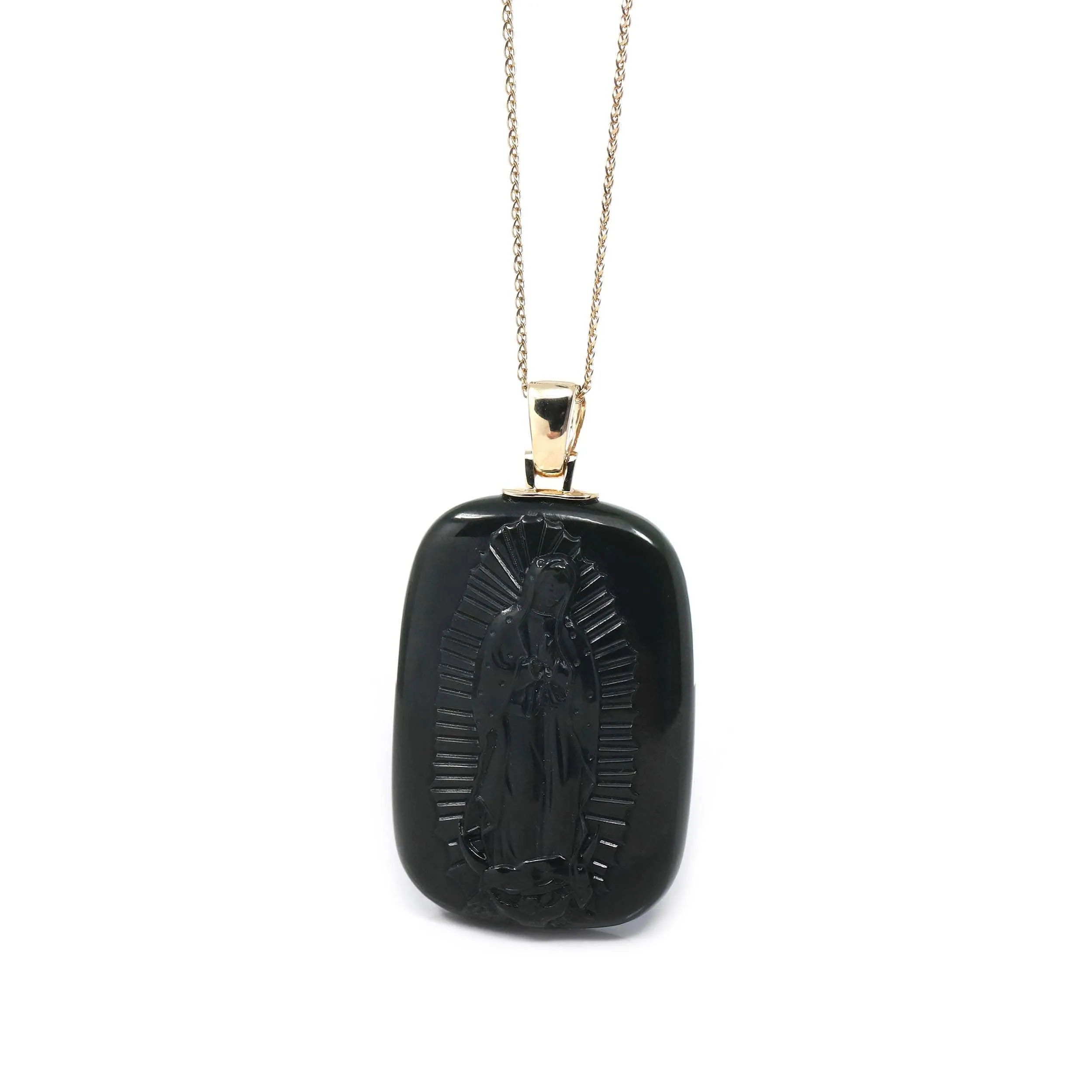 Baikalla™ 14K Yellow Gold Genuine Nephrite Black Jade Mother Mary Pendant Necklace