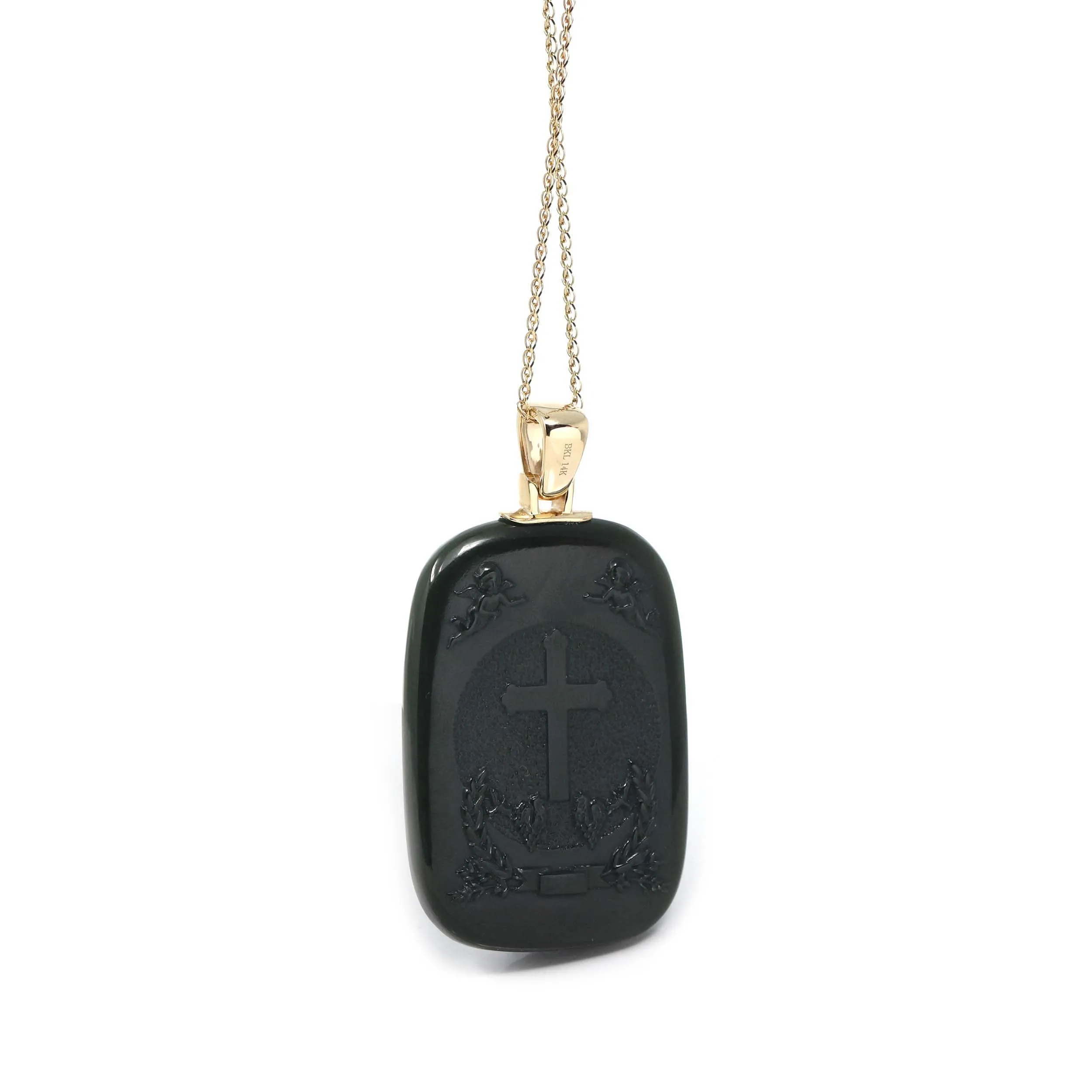 Baikalla™ 14K Yellow Gold Genuine Nephrite Black Jade Mother Mary Pendant Necklace