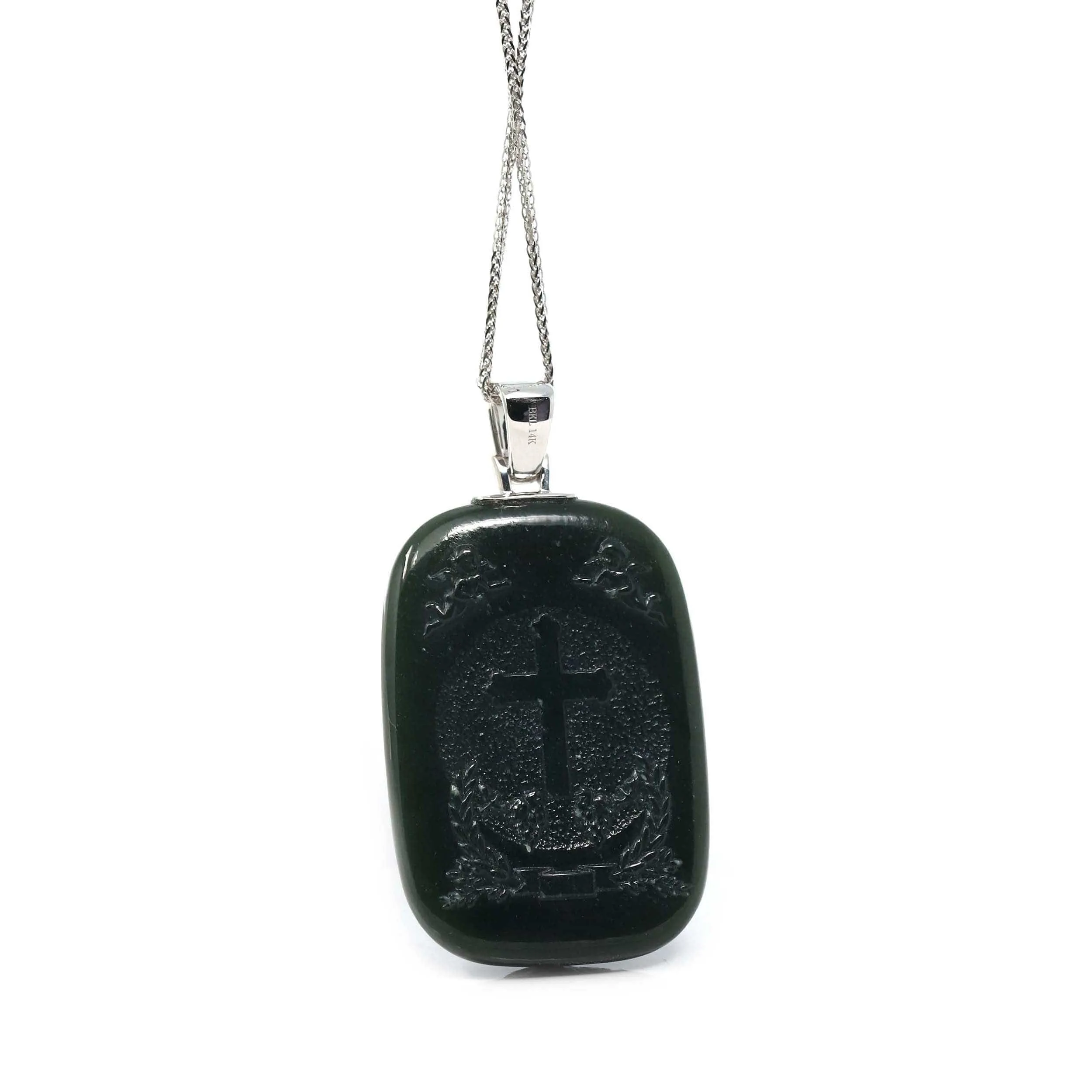 Baikalla™ 14K Yellow Gold Genuine Nephrite Black Jade Mother Mary Pendant Necklace