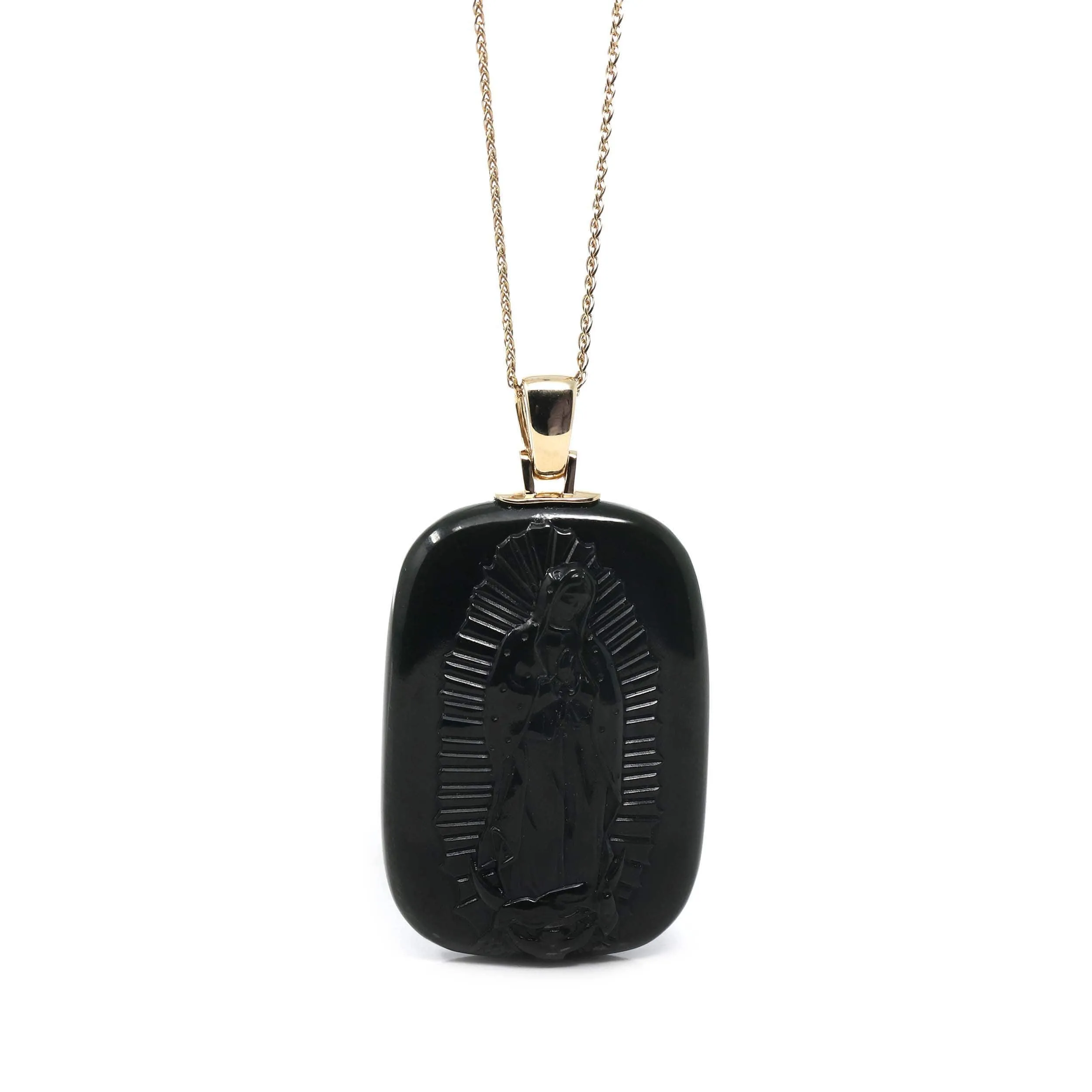 Baikalla™ 14K Yellow Gold Genuine Nephrite Black Jade Mother Mary Pendant Necklace
