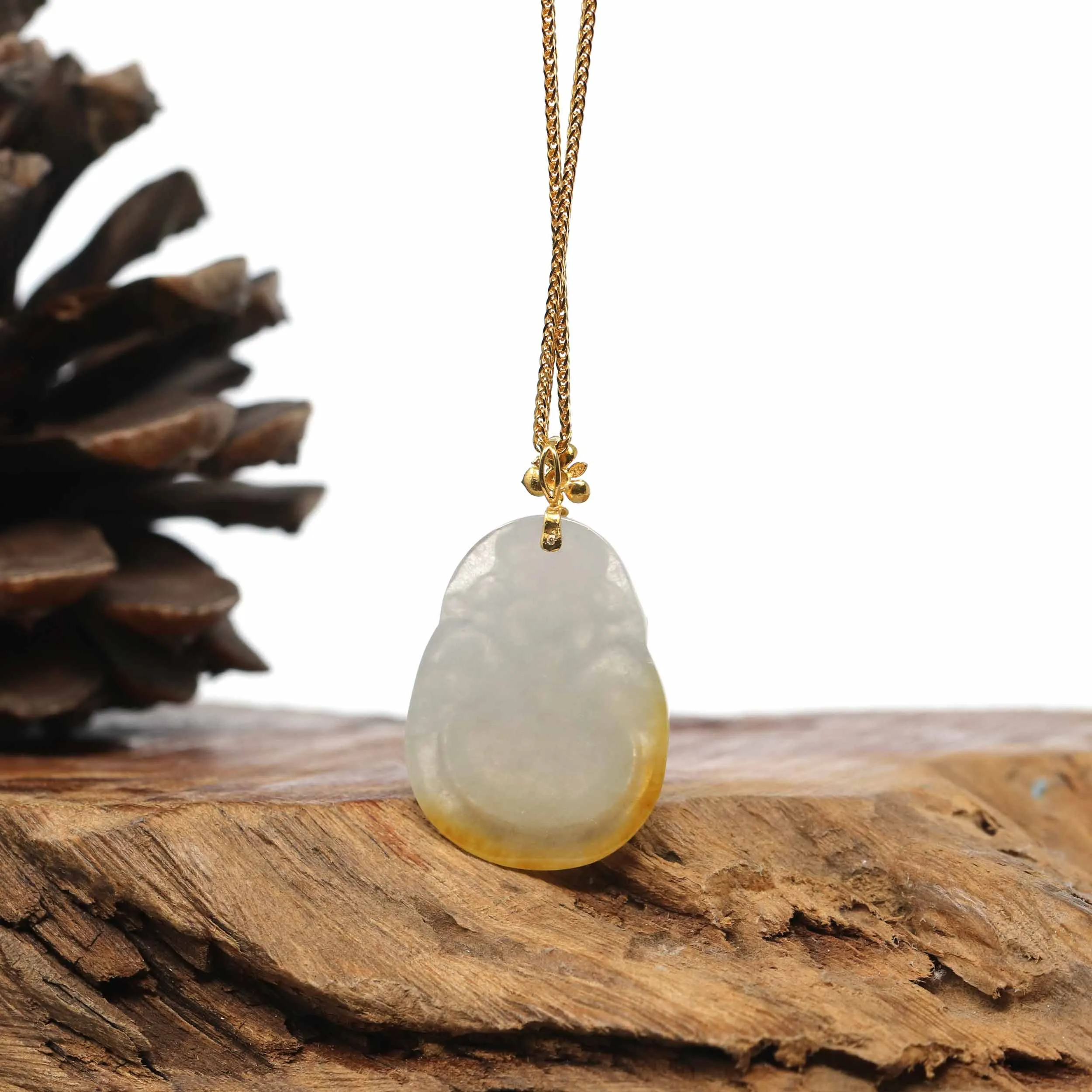 Baikalla 18K Yellow Gold Genuine Burmese Green Jadeite Jade Money Sainte Pendant