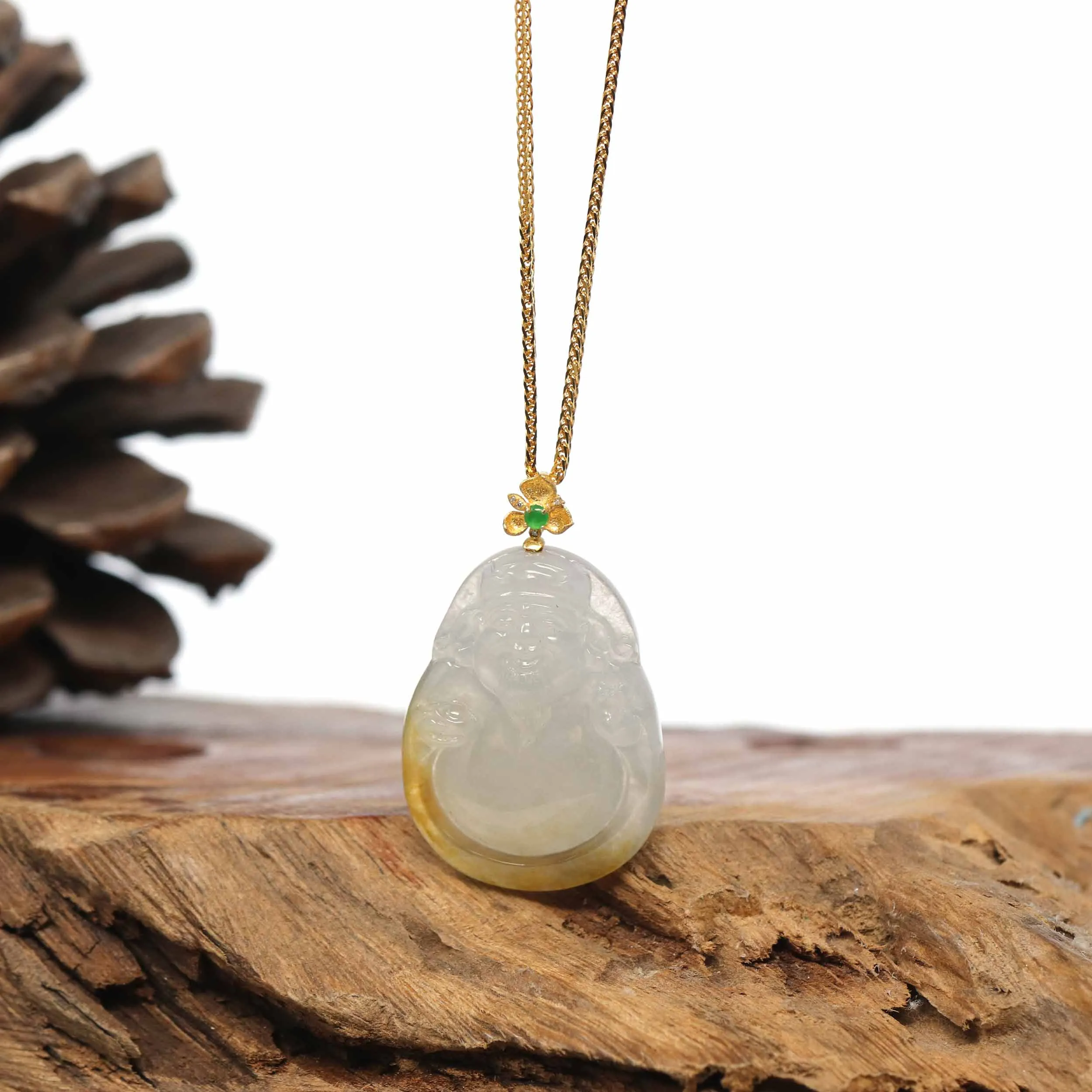 Baikalla 18K Yellow Gold Genuine Burmese Green Jadeite Jade Money Sainte Pendant