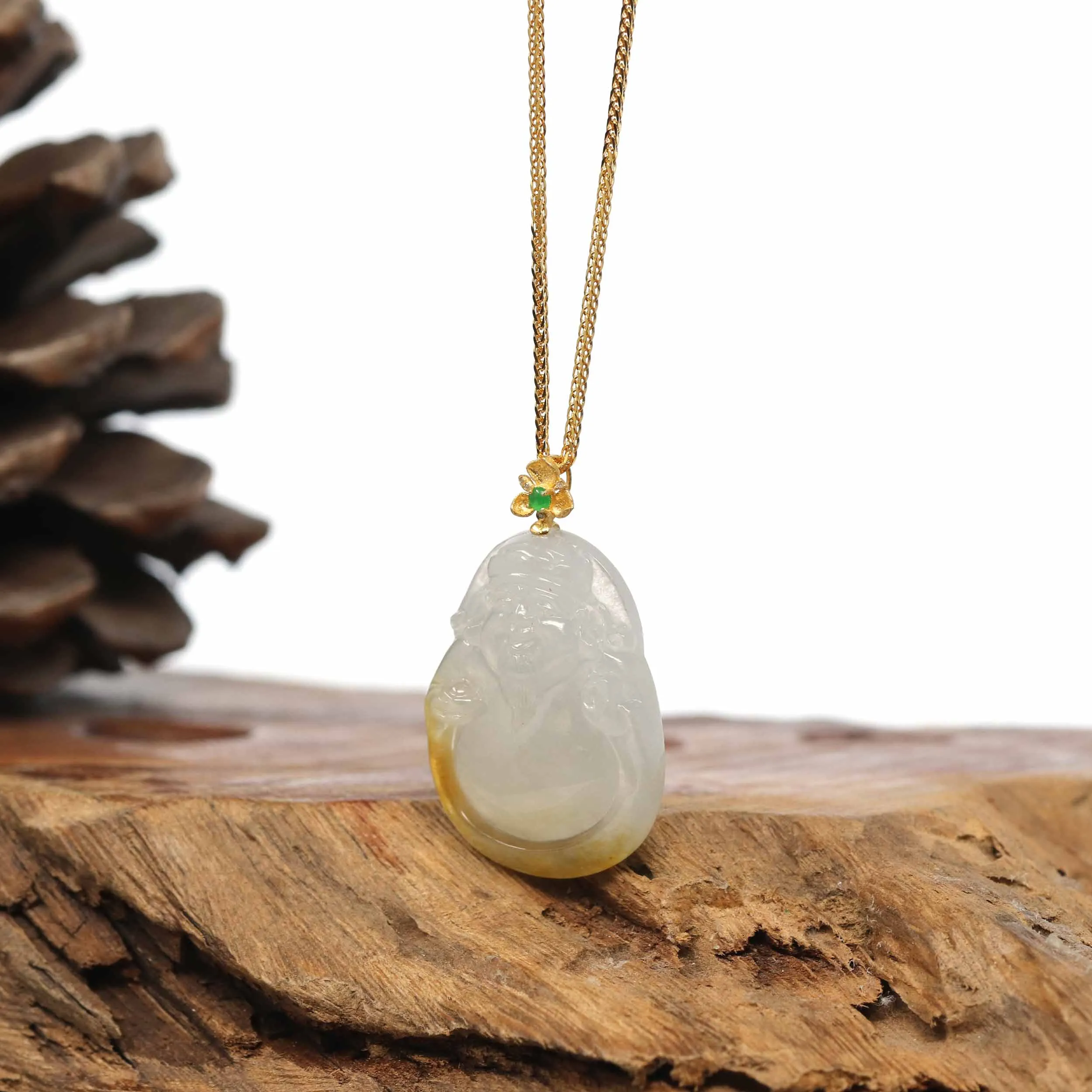 Baikalla 18K Yellow Gold Genuine Burmese Green Jadeite Jade Money Sainte Pendant