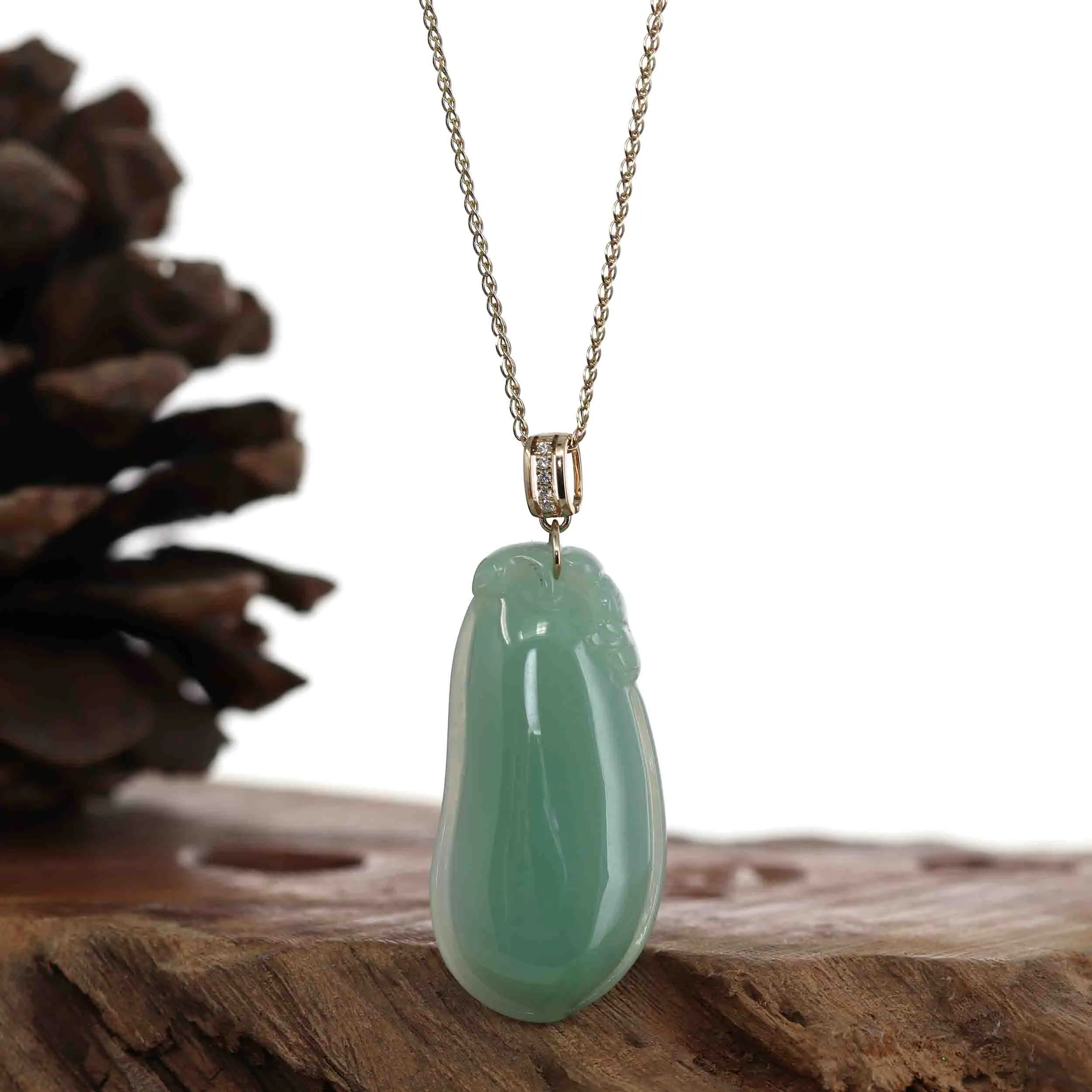 Baikalla Natural Green Jadeite Jade Shou Tao ( Longevity Peach ) Necklace With 14k Yellow Gold VS1 Diamond Bail