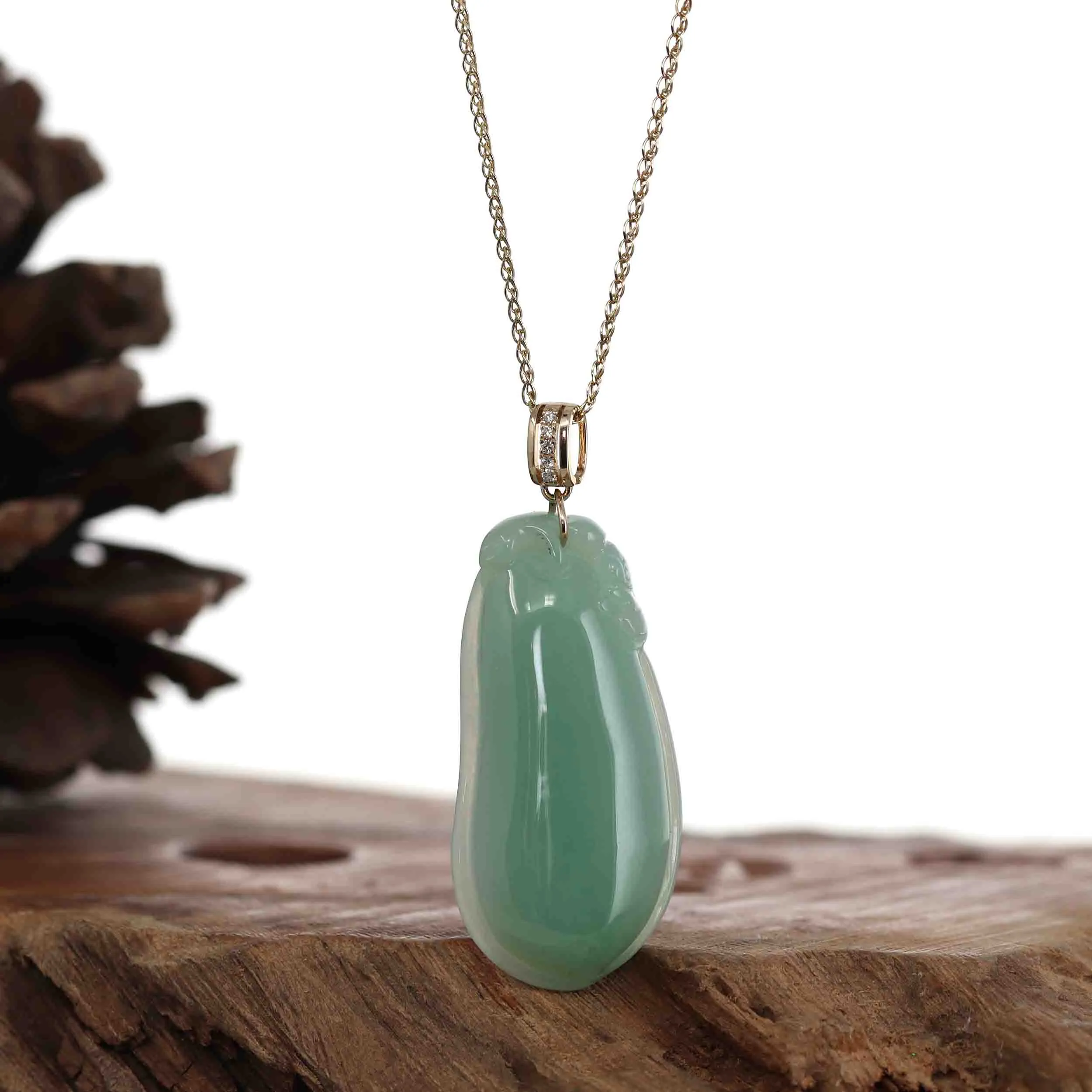 Baikalla Natural Green Jadeite Jade Shou Tao ( Longevity Peach ) Necklace With 14k Yellow Gold VS1 Diamond Bail