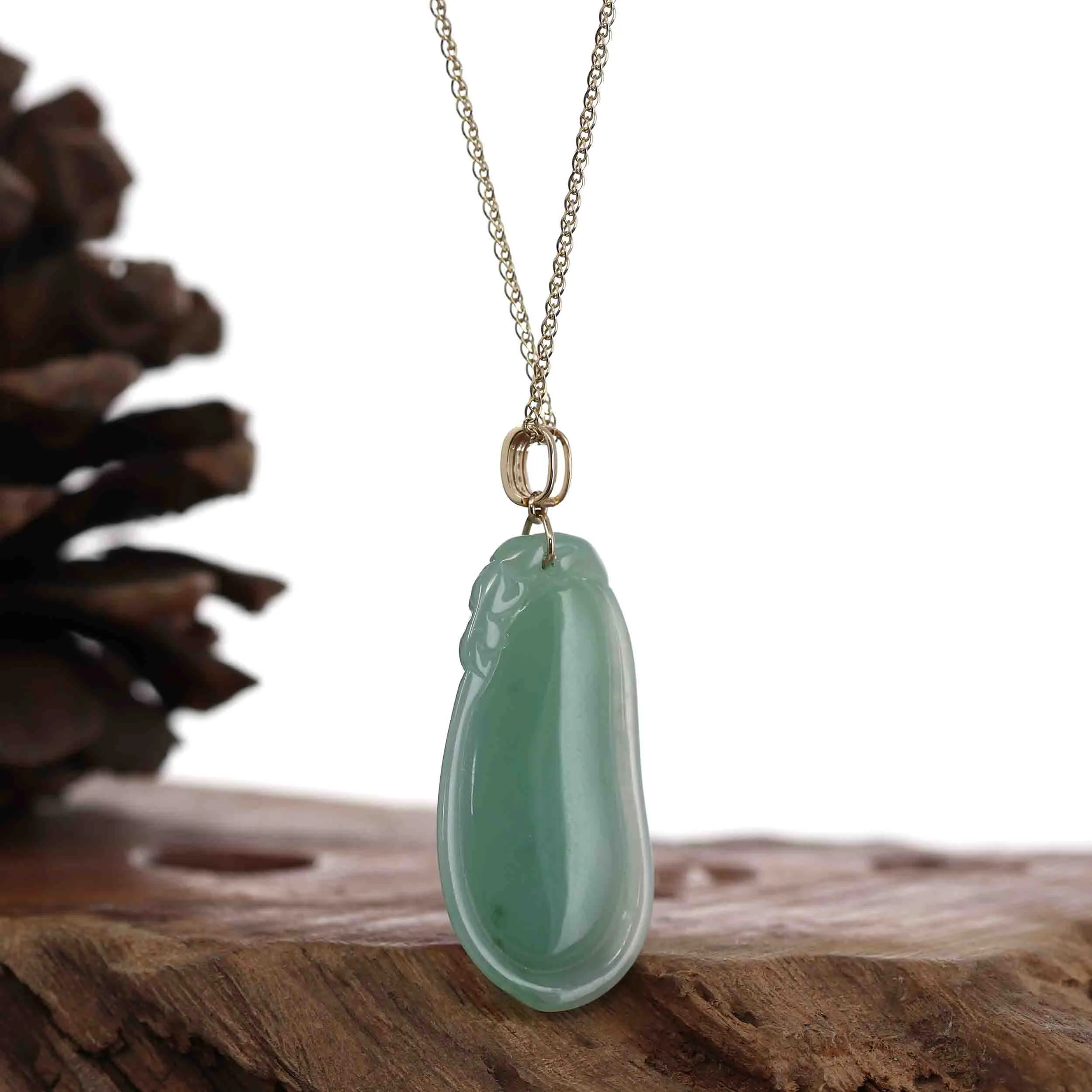Baikalla Natural Green Jadeite Jade Shou Tao ( Longevity Peach ) Necklace With 14k Yellow Gold VS1 Diamond Bail