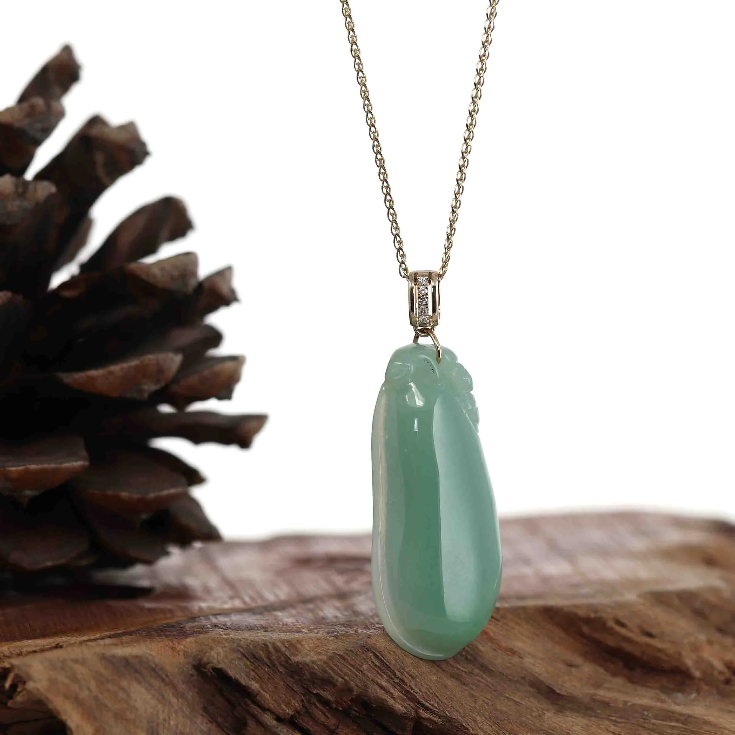 Baikalla Natural Green Jadeite Jade Shou Tao ( Longevity Peach ) Necklace With 14k Yellow Gold VS1 Diamond Bail