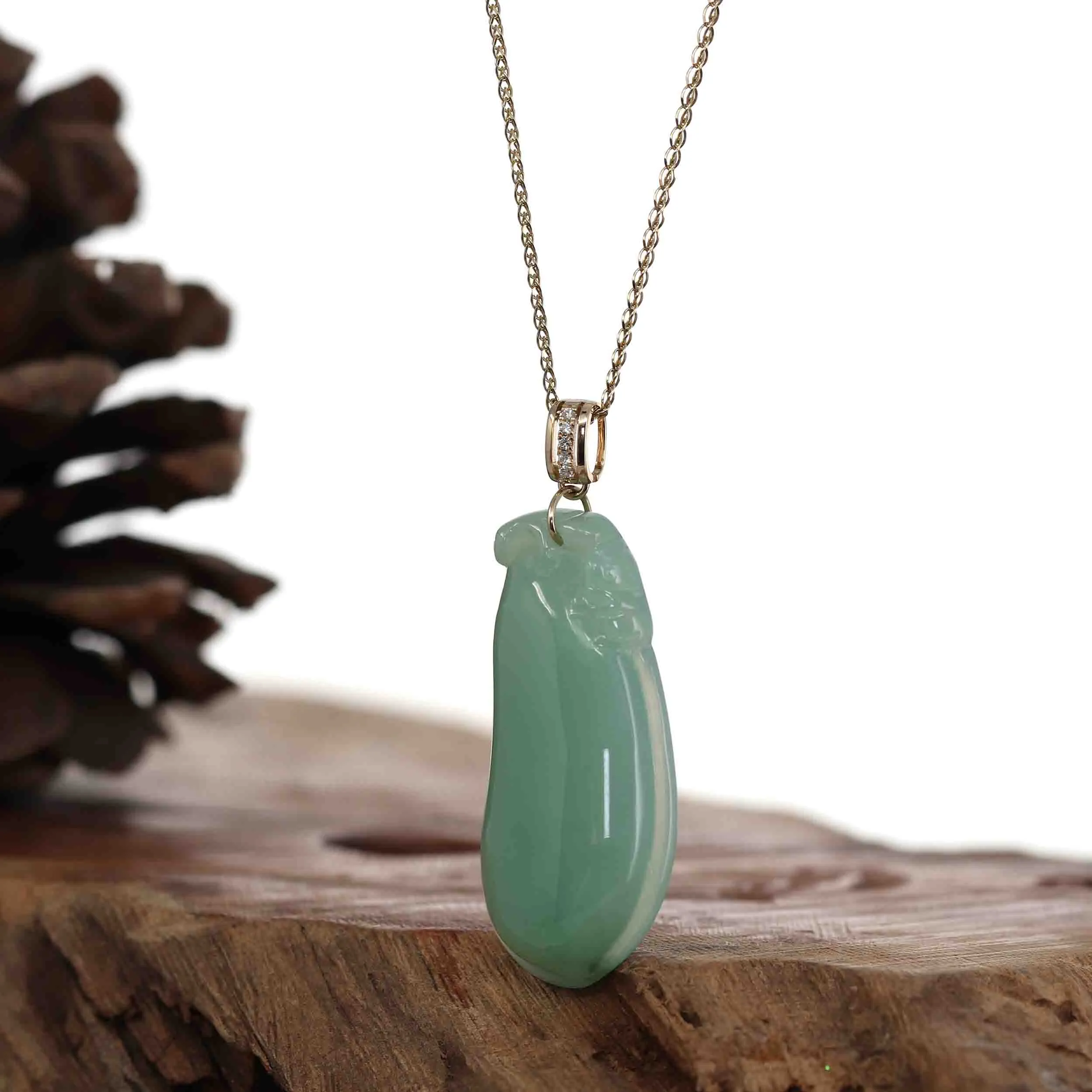 Baikalla Natural Green Jadeite Jade Shou Tao ( Longevity Peach ) Necklace With 14k Yellow Gold VS1 Diamond Bail