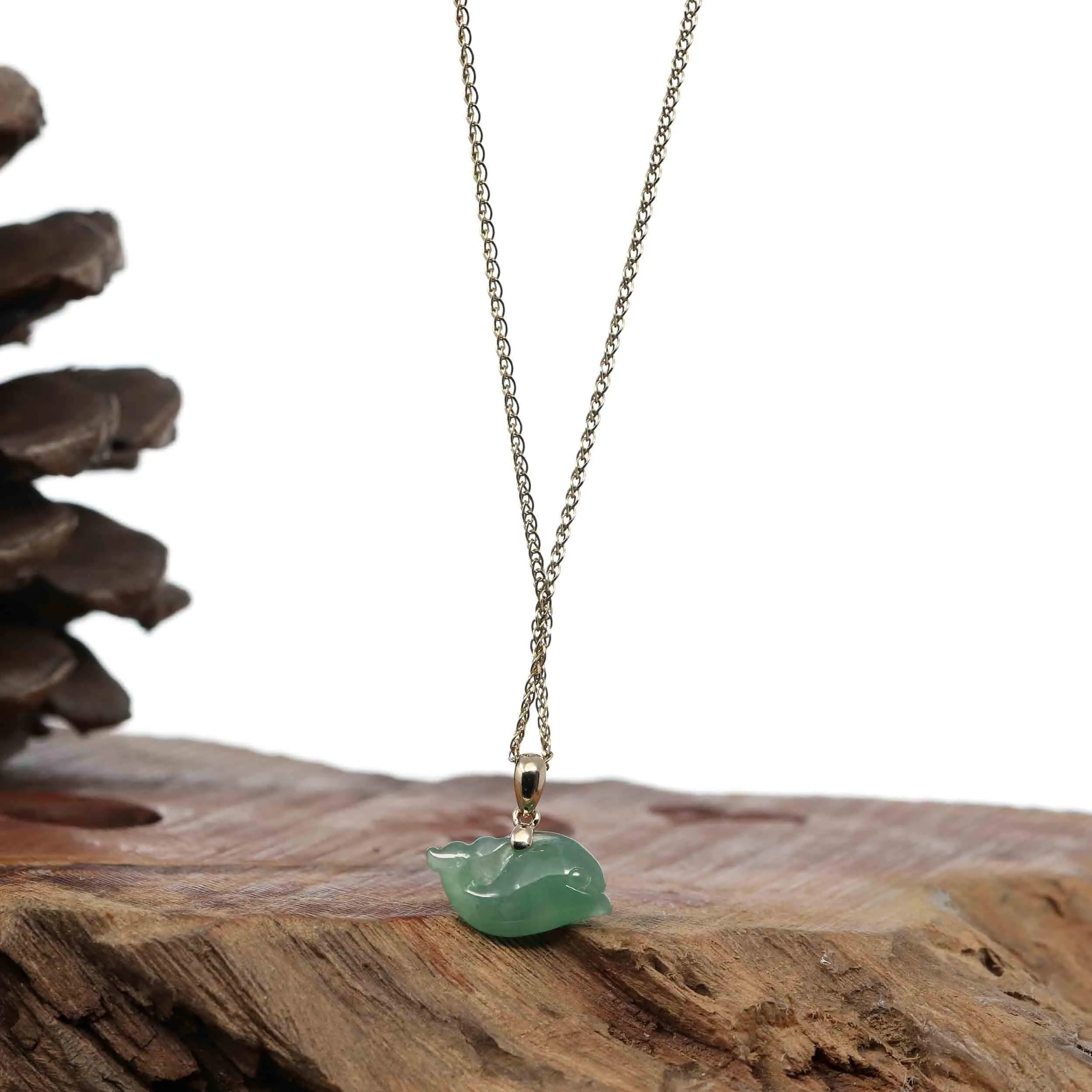 Baikalla " Dolphin " Carving Pendant Necklace Natural Ice Green Jadeite Jade