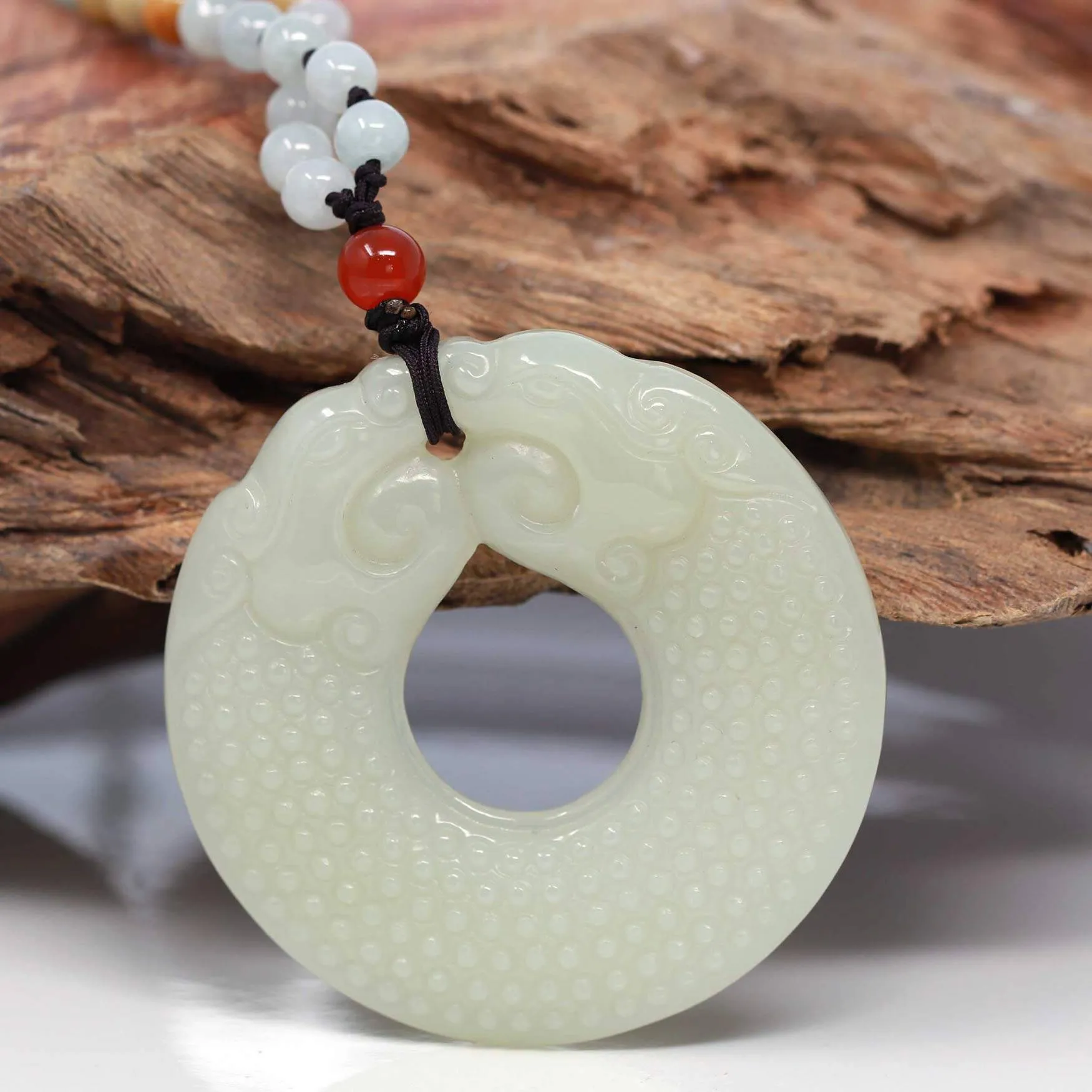 Baikalla™ " Double Dragon Good Fortune" Carving Pendant Necklace Natural White Nephrite Jade
