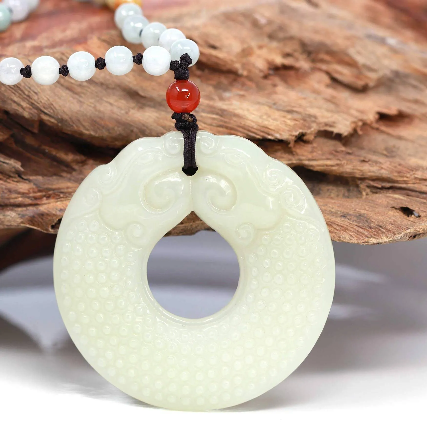 Baikalla™ " Double Dragon Good Fortune" Carving Pendant Necklace Natural White Nephrite Jade