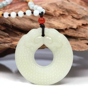 Baikalla™ " Double Dragon Good Fortune" Carving Pendant Necklace Natural White Nephrite Jade