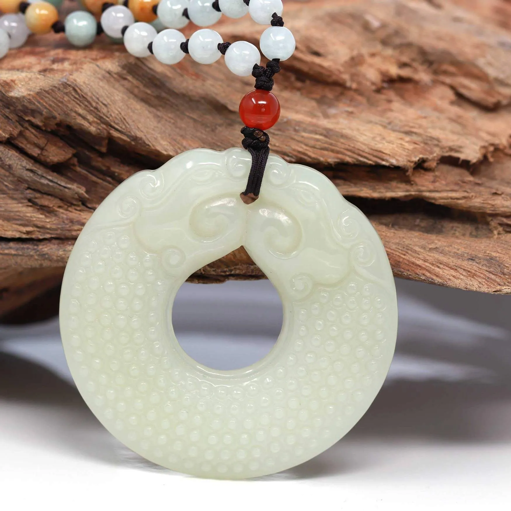 Baikalla™ " Double Dragon Good Fortune" Carving Pendant Necklace Natural White Nephrite Jade