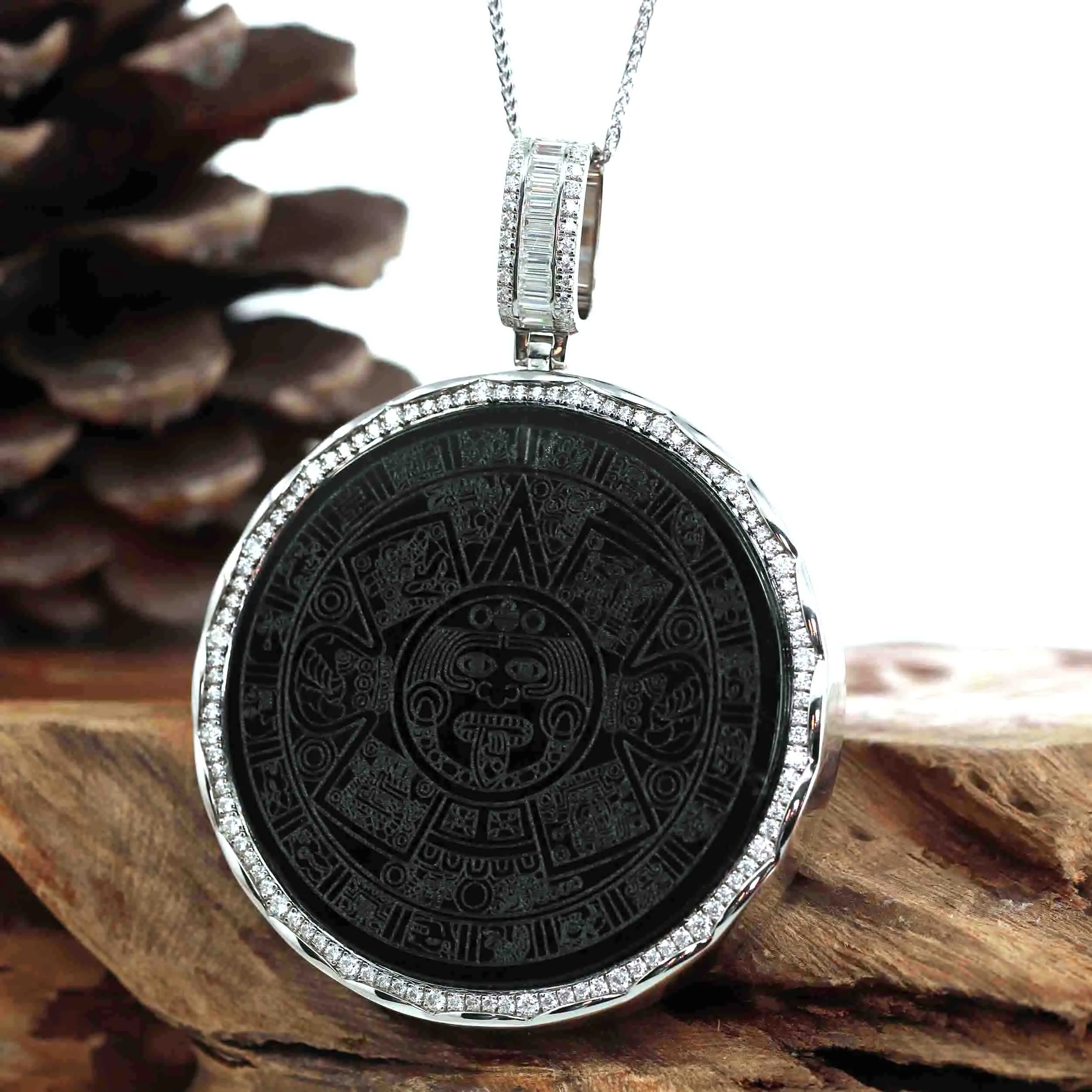 Baikalla "Aztec Calendar" Genuine Black Nephrite Jade Pendant withVVS1 DEF Moissanite