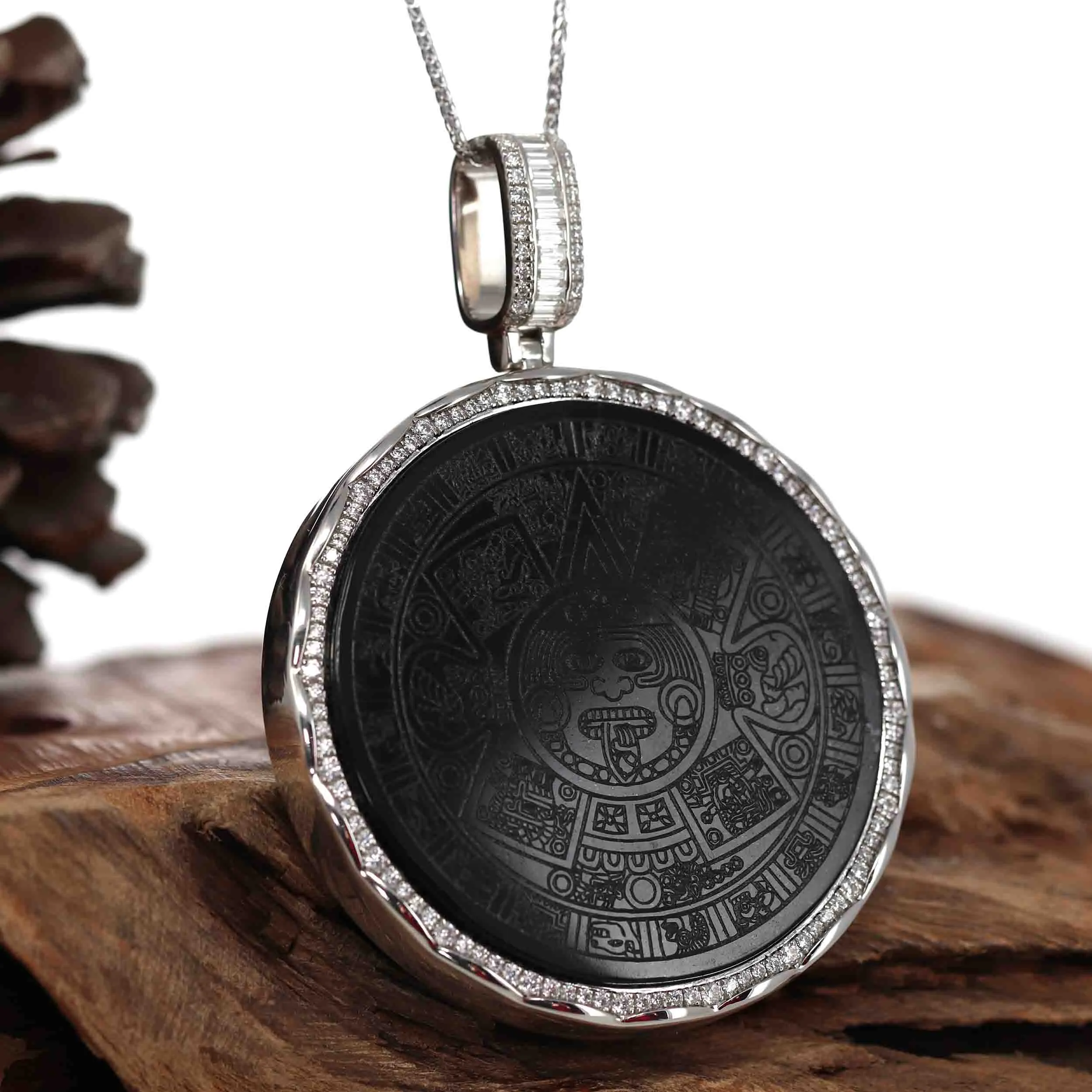 Baikalla "Aztec Calendar" Genuine Black Nephrite Jade Pendant withVVS1 DEF Moissanite