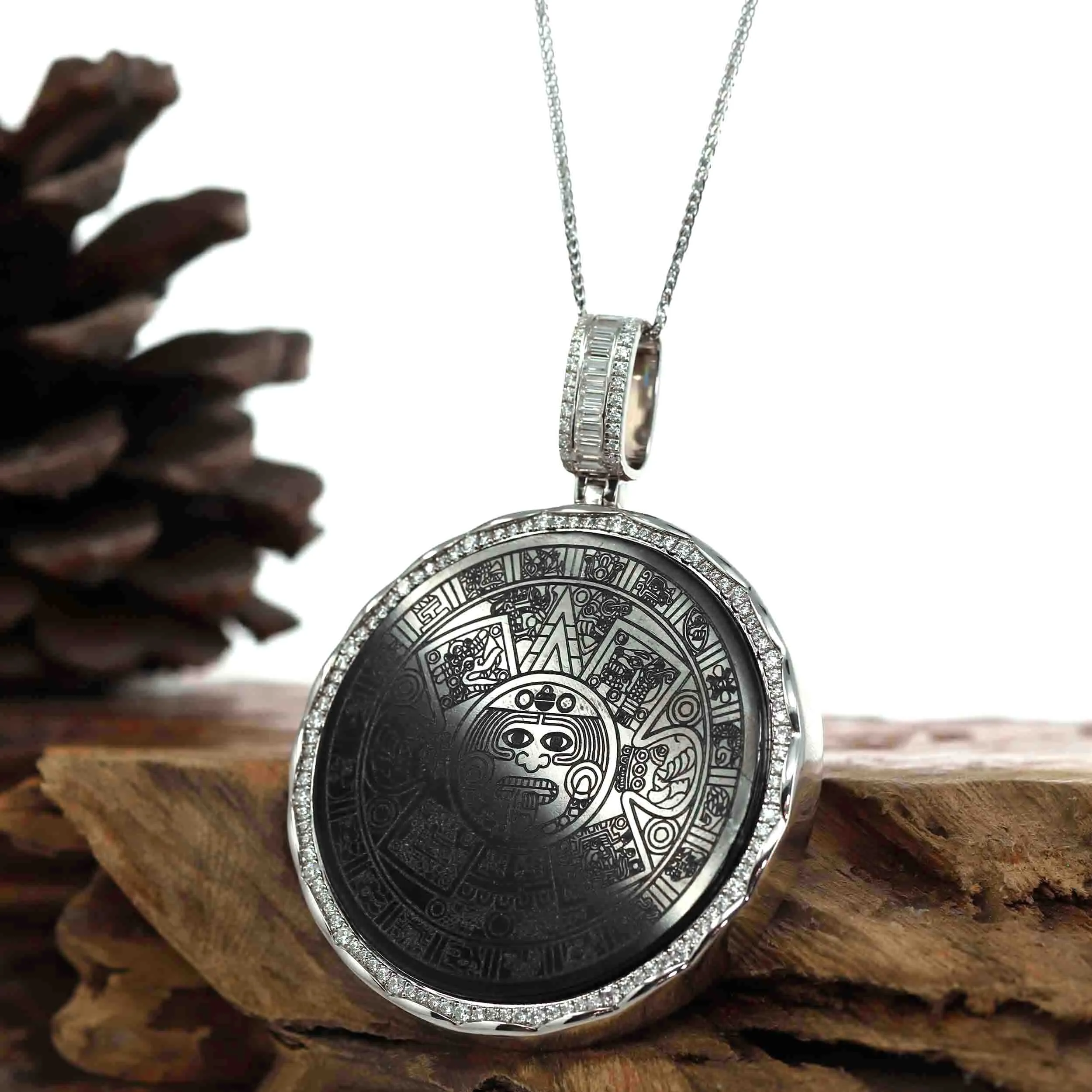 Baikalla "Aztec Calendar" Genuine Black Nephrite Jade Pendant withVVS1 DEF Moissanite