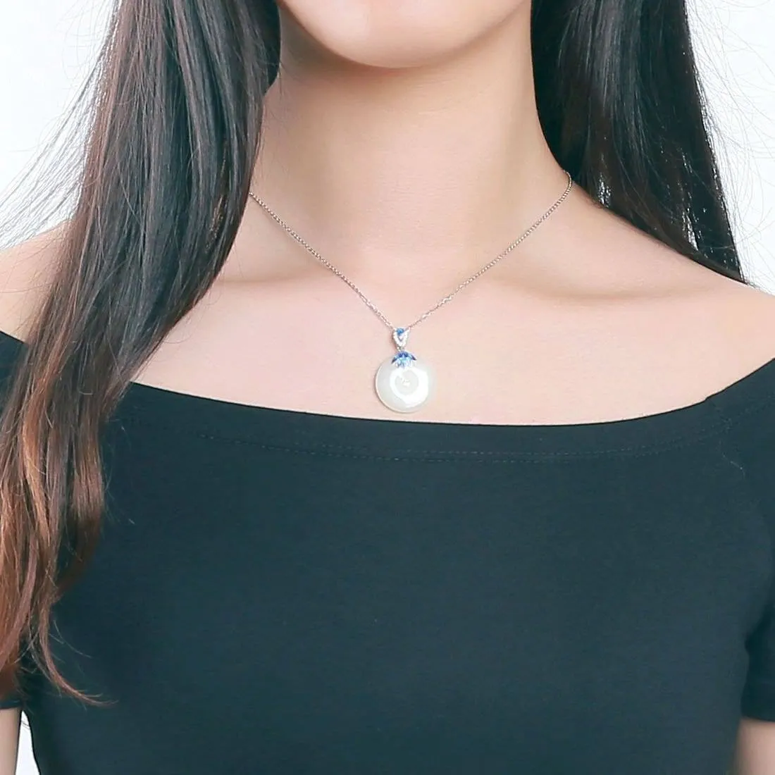 Baikalla™  "Circle of Happiness" Genuine White Nephrite Jade Necklace With Silver Accents