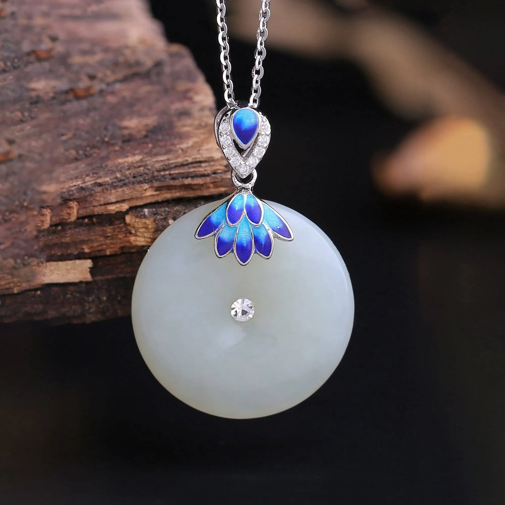 Baikalla™  "Circle of Happiness" Genuine White Nephrite Jade Necklace With Silver Accents