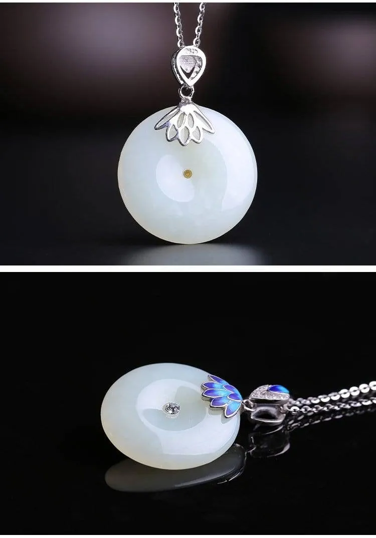 Baikalla™  "Circle of Happiness" Genuine White Nephrite Jade Necklace With Silver Accents