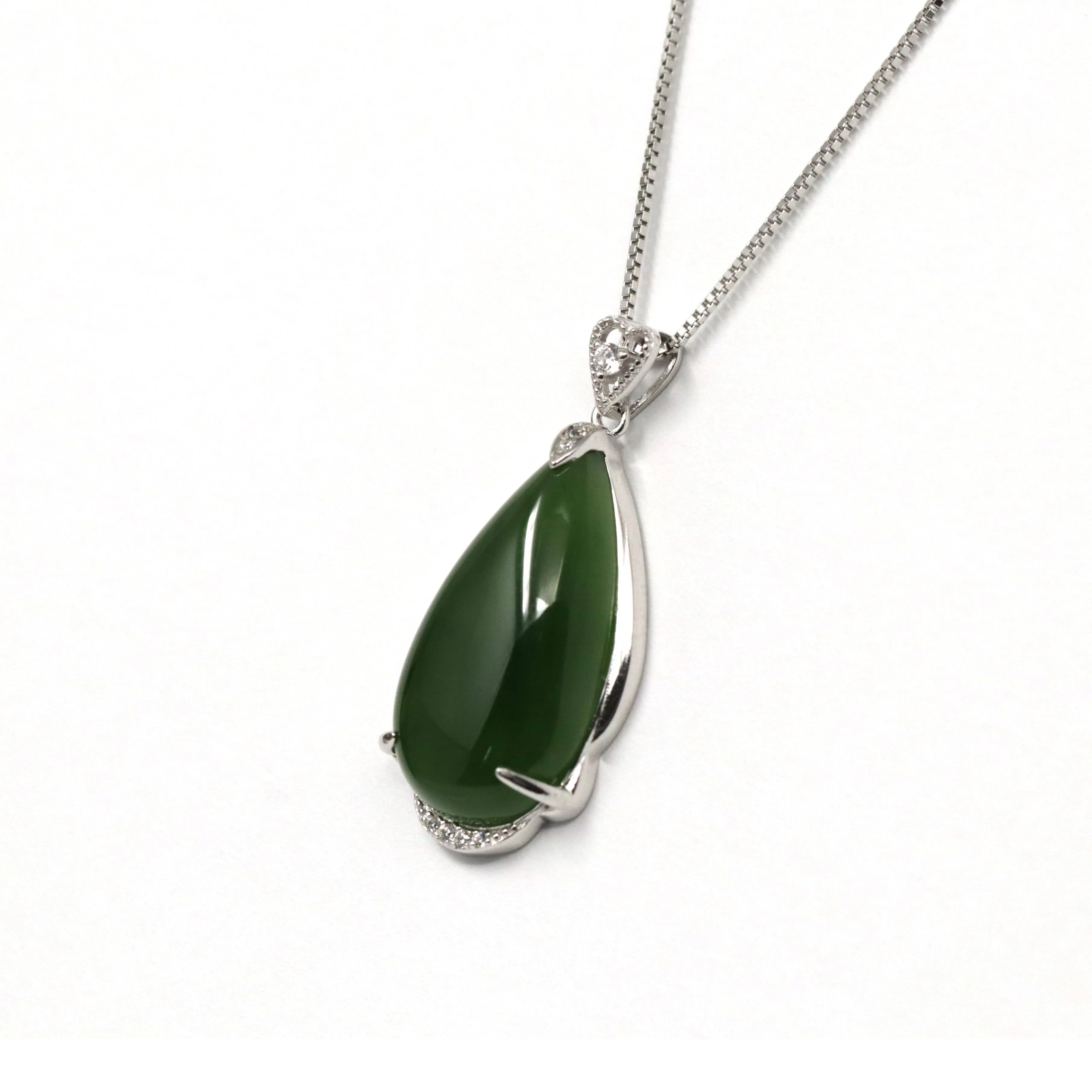 Baikalla™ "Classic Tear-Drop" Sterling Silver Real Green Jade Classic Tear Drop Pendant Necklace