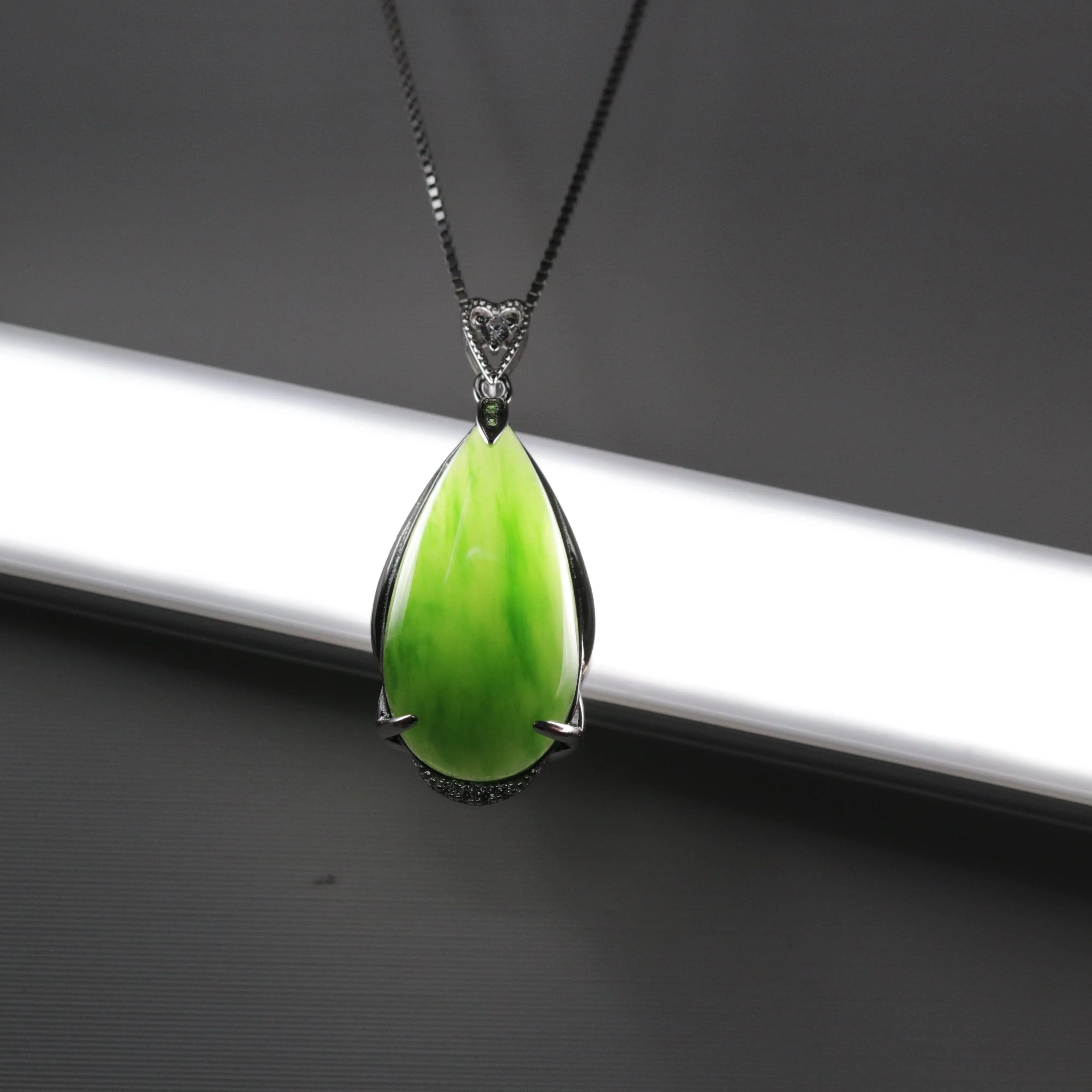 Baikalla™ "Classic Tear-Drop" Sterling Silver Real Green Jade Classic Tear Drop Pendant Necklace