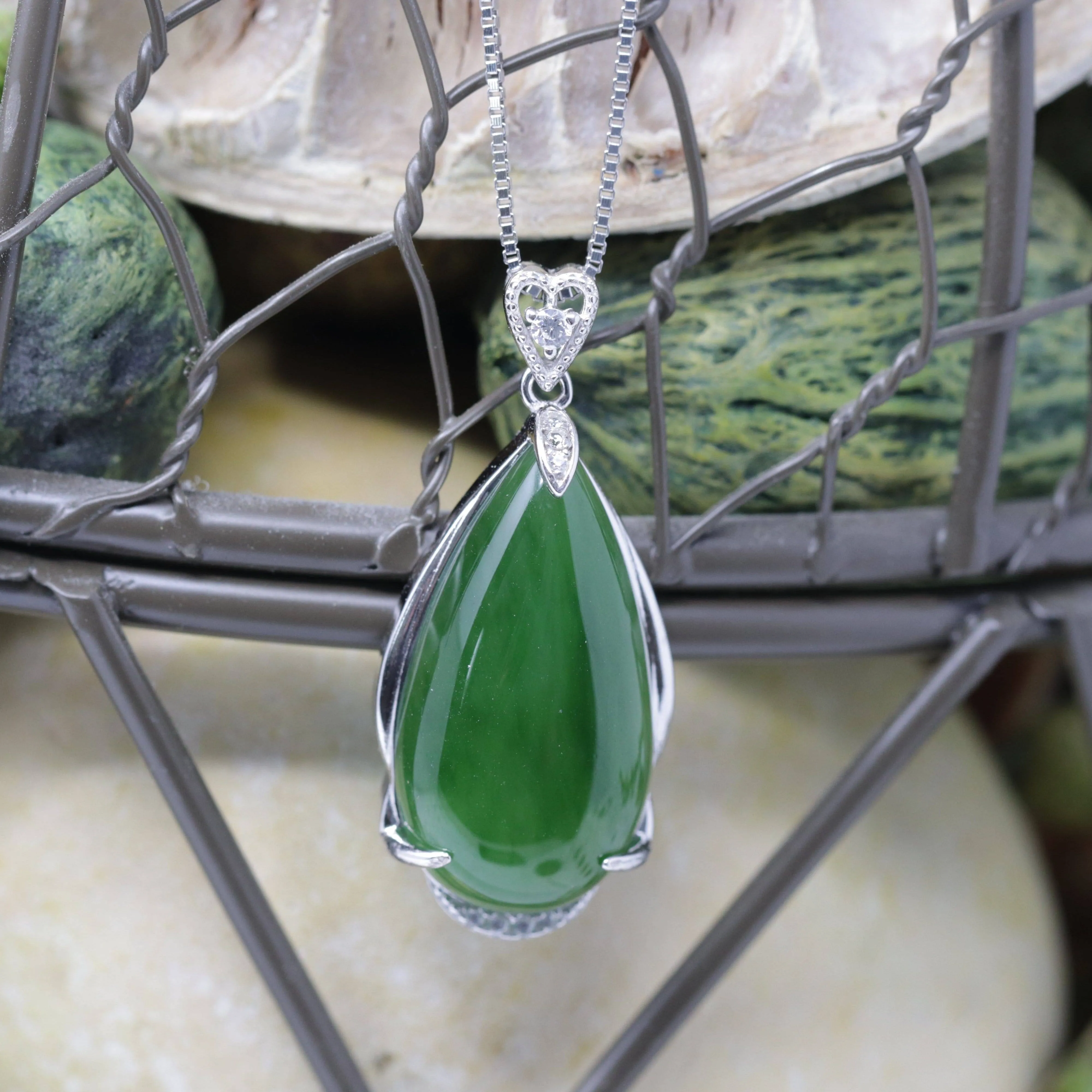 Baikalla™ "Classic Tear-Drop" Sterling Silver Real Green Jade Classic Tear Drop Pendant Necklace