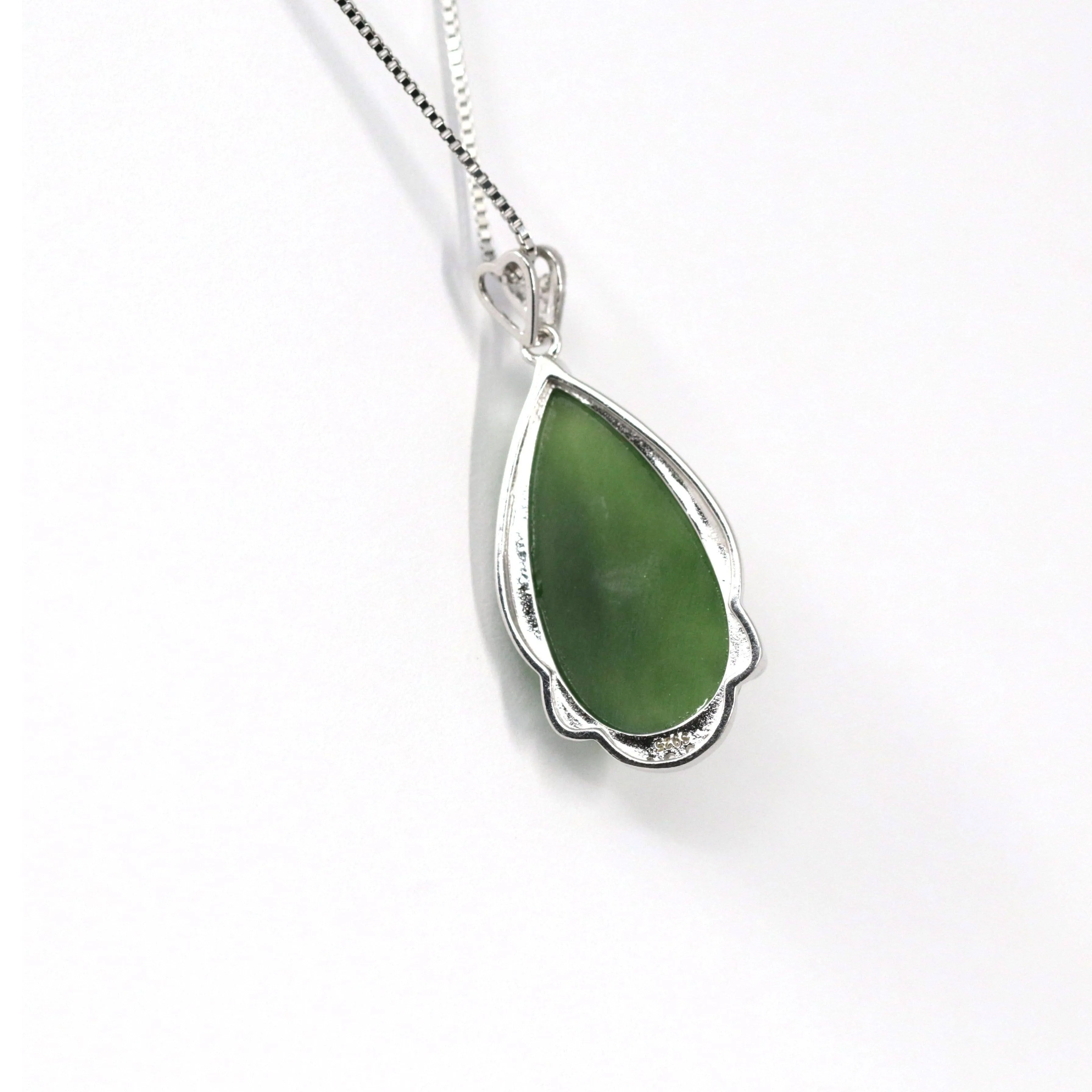 Baikalla™ "Classic Tear-Drop" Sterling Silver Real Green Jade Classic Tear Drop Pendant Necklace
