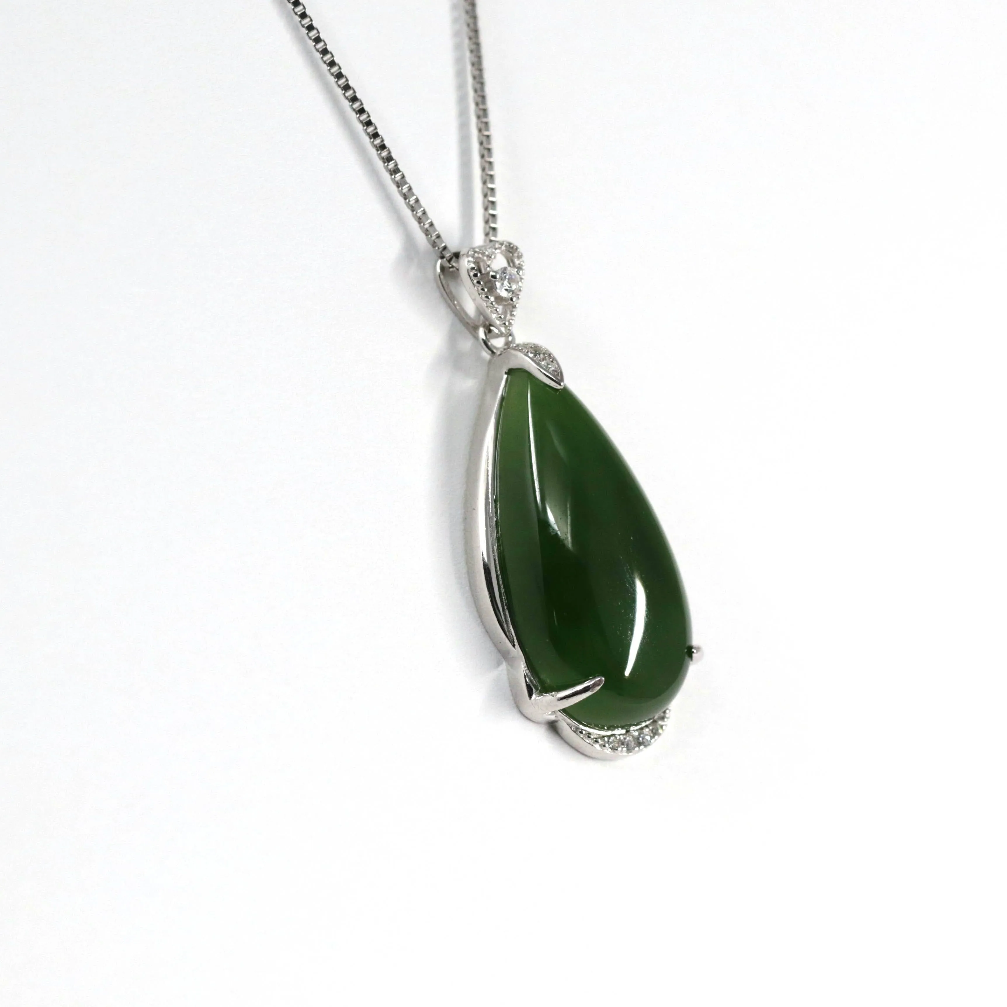 Baikalla™ "Classic Tear-Drop" Sterling Silver Real Green Jade Classic Tear Drop Pendant Necklace