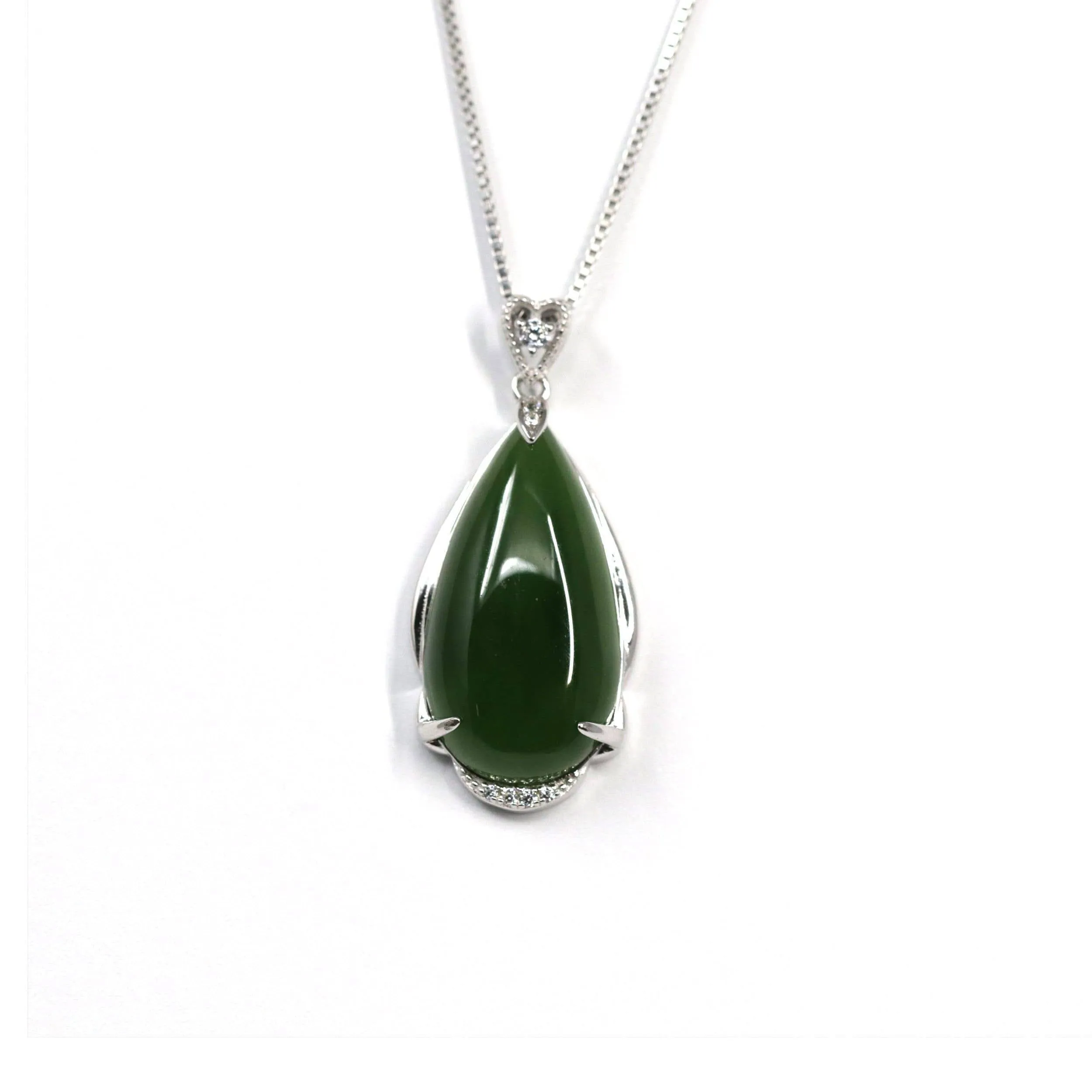 Baikalla™ "Classic Tear-Drop" Sterling Silver Real Green Jade Classic Tear Drop Pendant Necklace