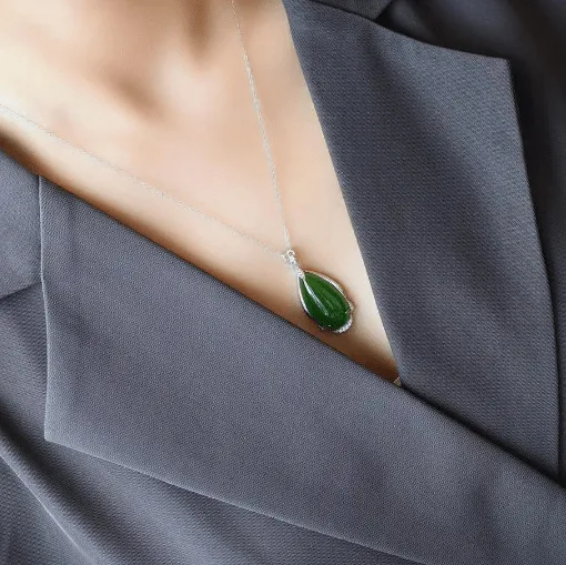 Baikalla™ "Classic Tear-Drop" Sterling Silver Real Green Jade Classic Tear Drop Pendant Necklace