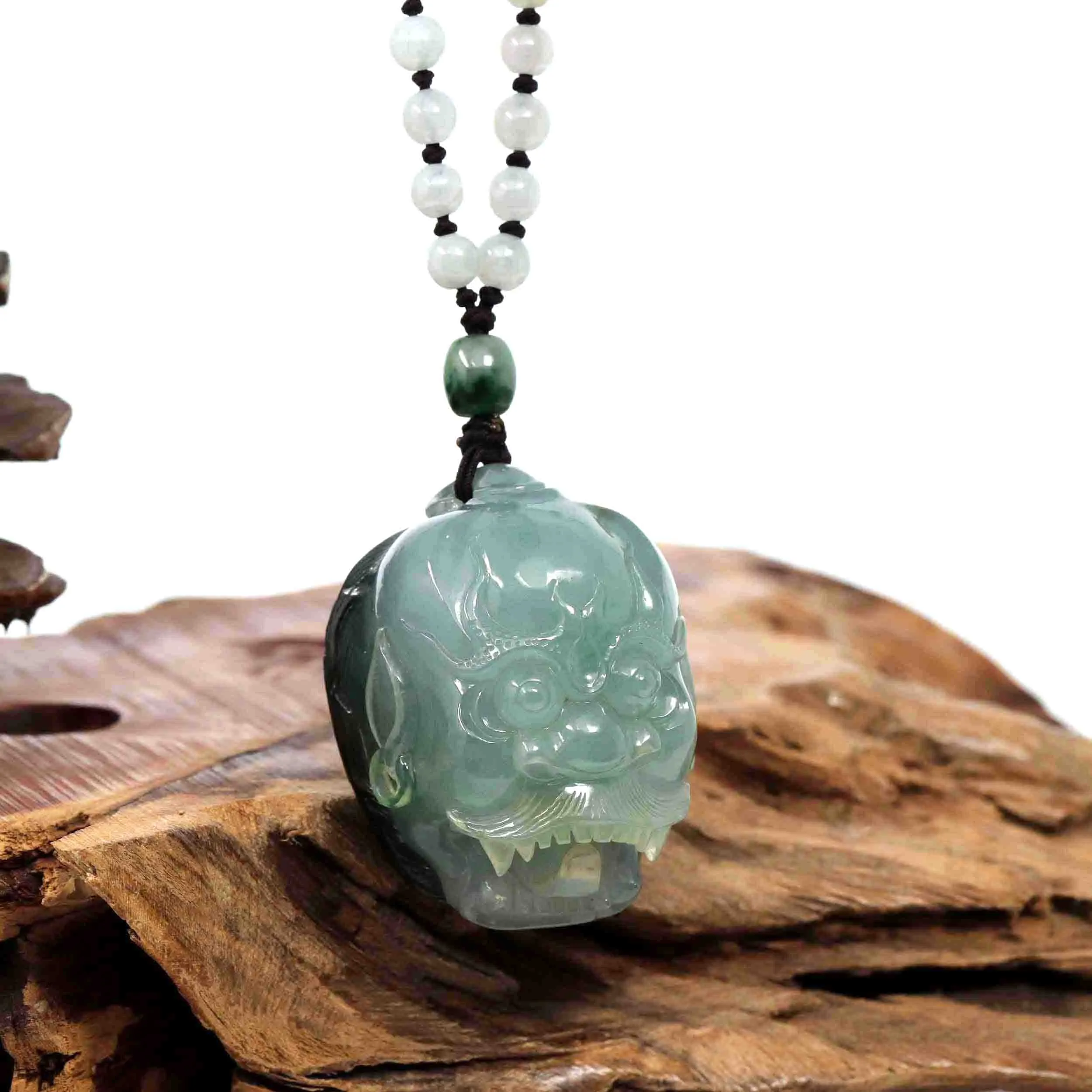 Baikalla™ "Demon Hunter" (Zhong Kui) Natural Blue Green Ice Jadeite Jade Amulet Necklace Collectibles