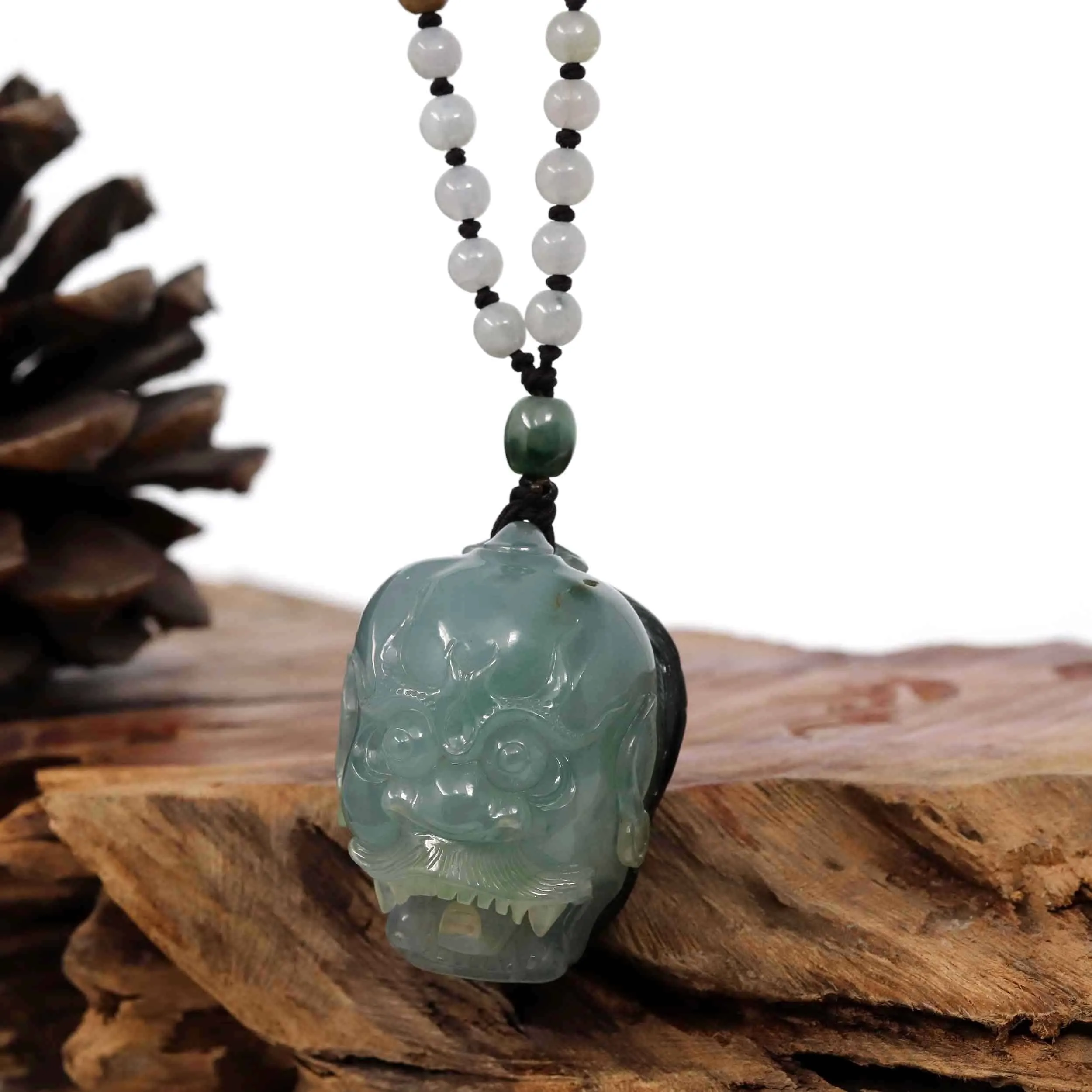 Baikalla™ "Demon Hunter" (Zhong Kui) Natural Blue Green Ice Jadeite Jade Amulet Necklace Collectibles