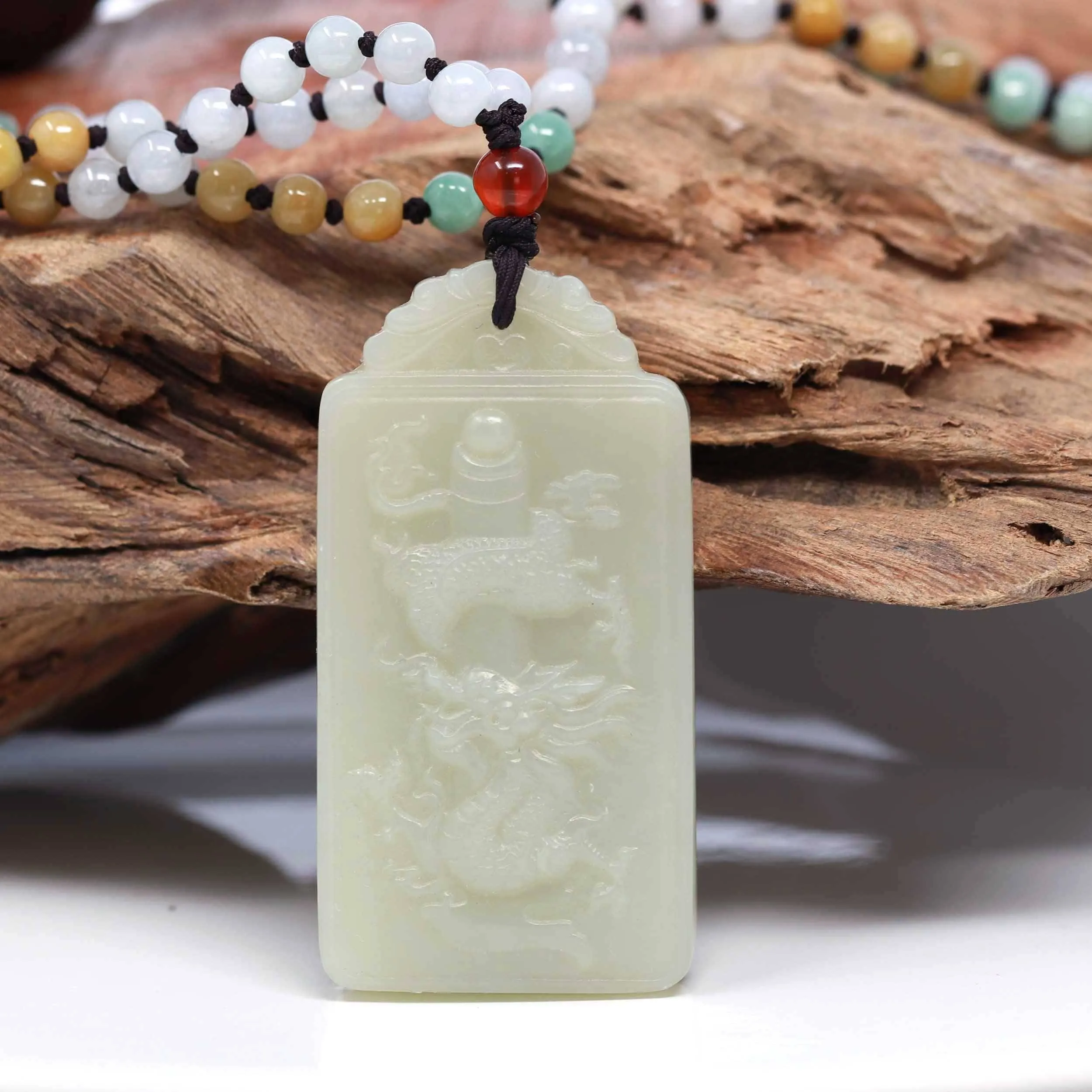 Baikalla™ "Dragon Rising" Genuine HeTian White Nephrite Jade Dragon Pendant Necklace