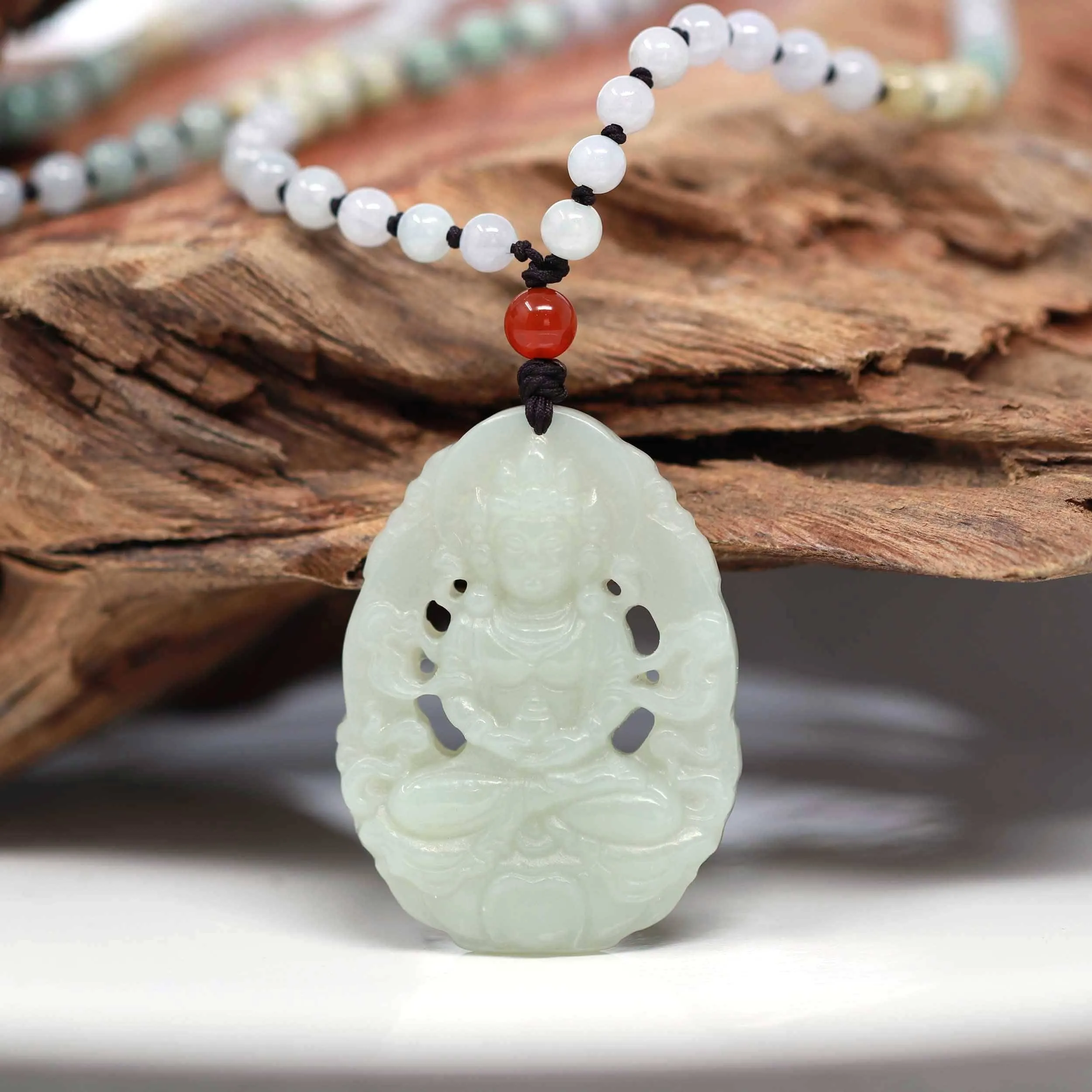 Baikalla™ "Goddess of Compassion Guan Yin" Genuine HeTian White Nephrite Jade Guanyin Carving Pendant Necklace