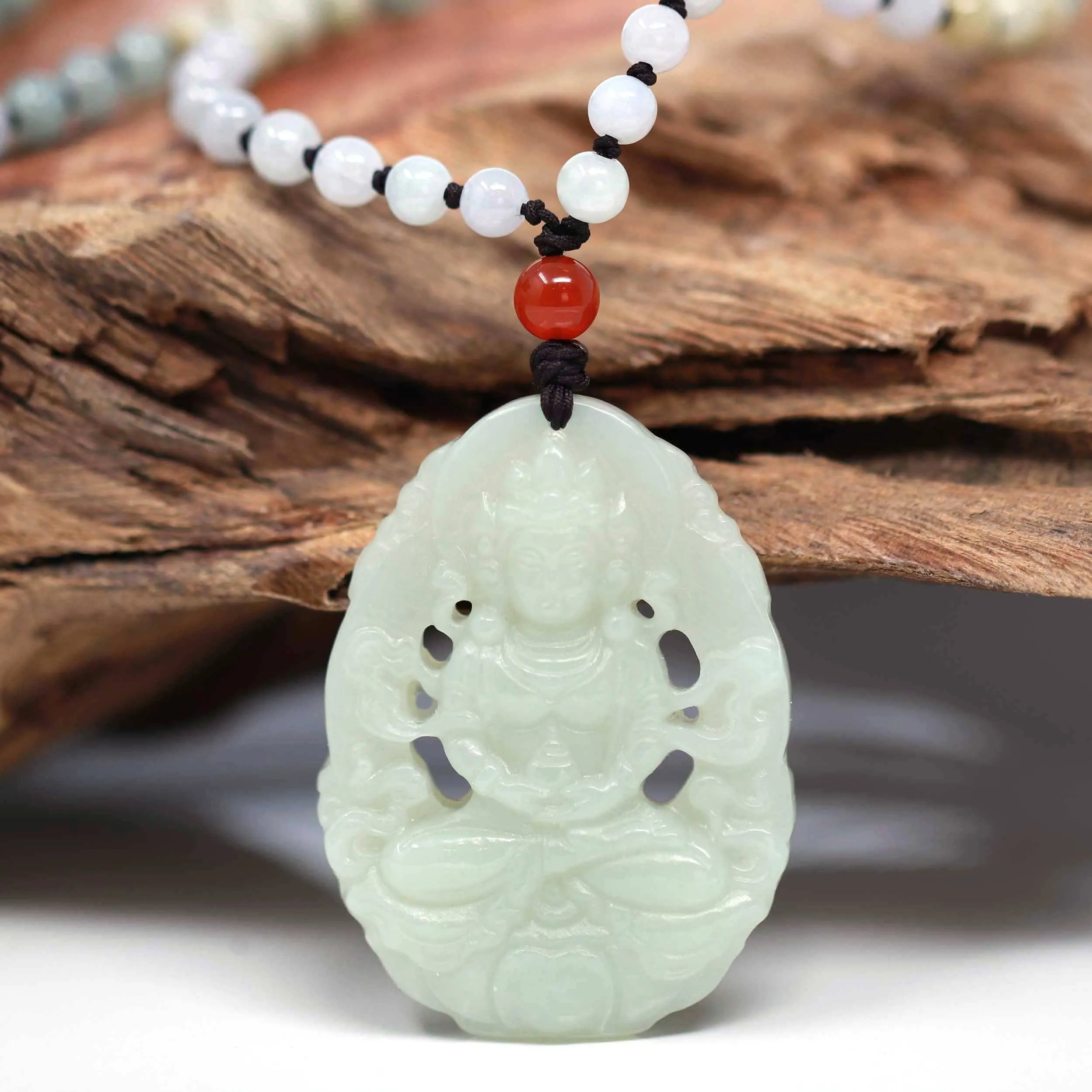 Baikalla™ "Goddess of Compassion Guan Yin" Genuine HeTian White Nephrite Jade Guanyin Carving Pendant Necklace