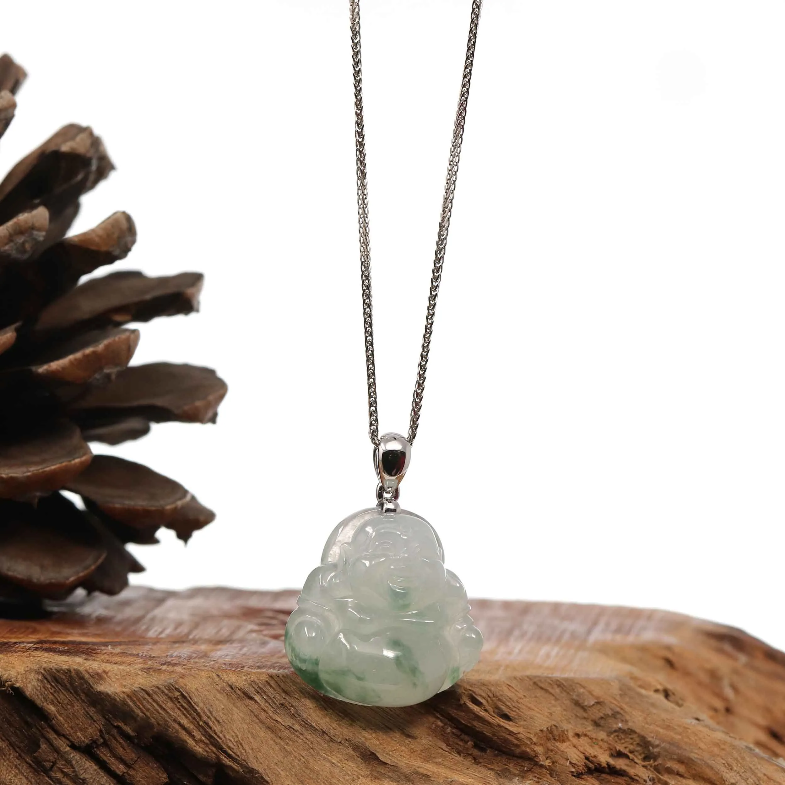 Baikalla™ "Laughing Buddha" Genuine Ice Blue-green Jadeite Buddha Pendant Necklace