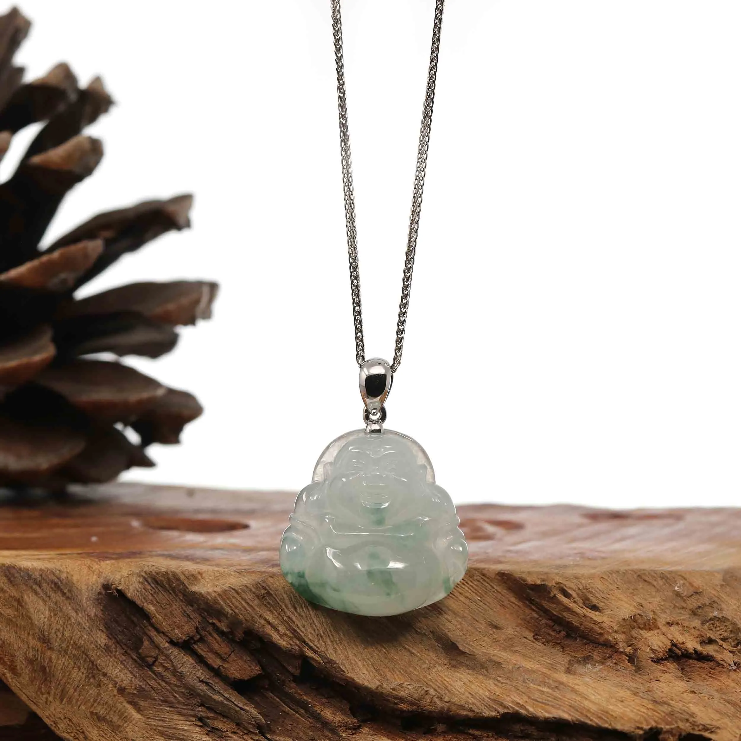 Baikalla™ "Laughing Buddha" Genuine Ice Blue-green Jadeite Buddha Pendant Necklace