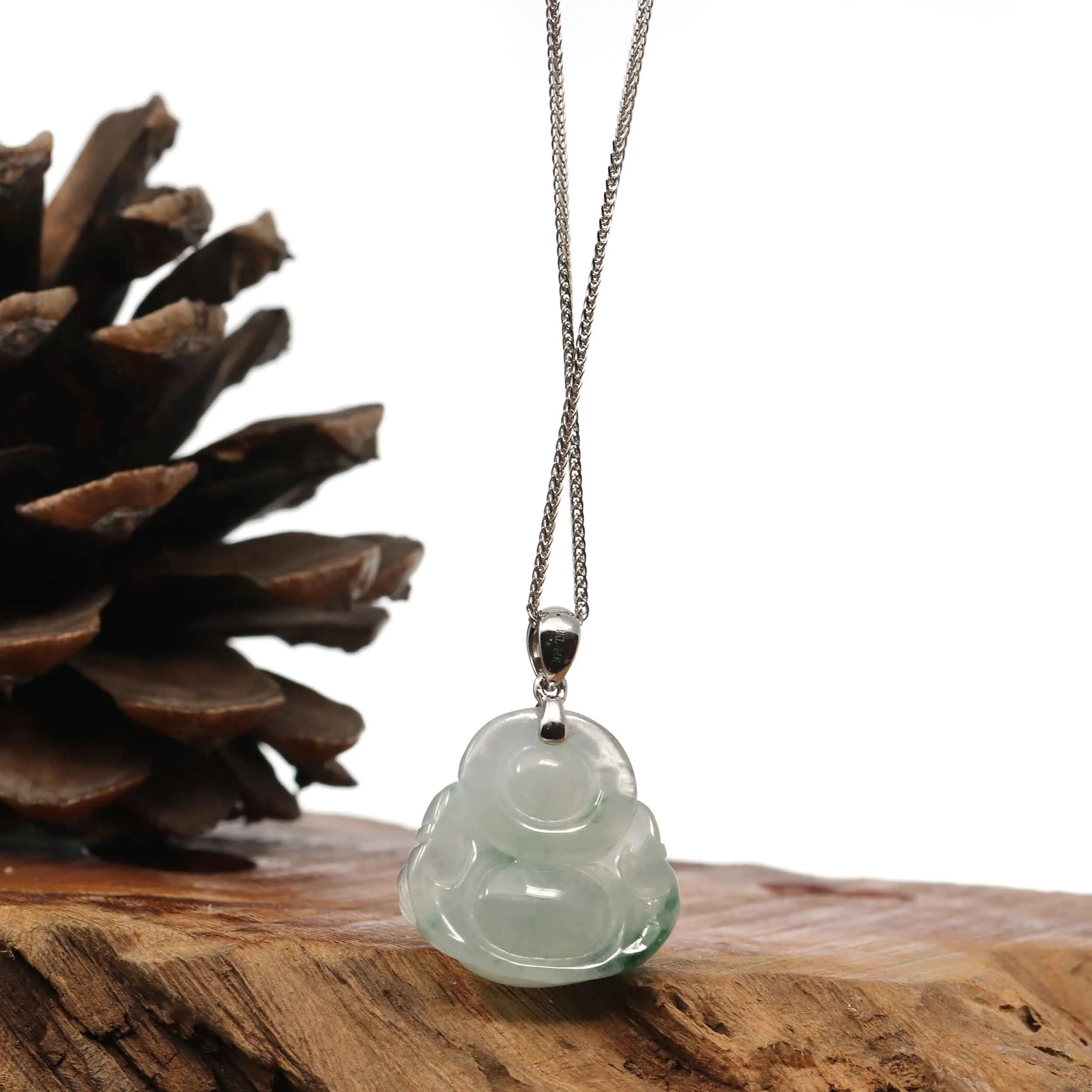 Baikalla™ "Laughing Buddha" Genuine Ice Blue-green Jadeite Buddha Pendant Necklace