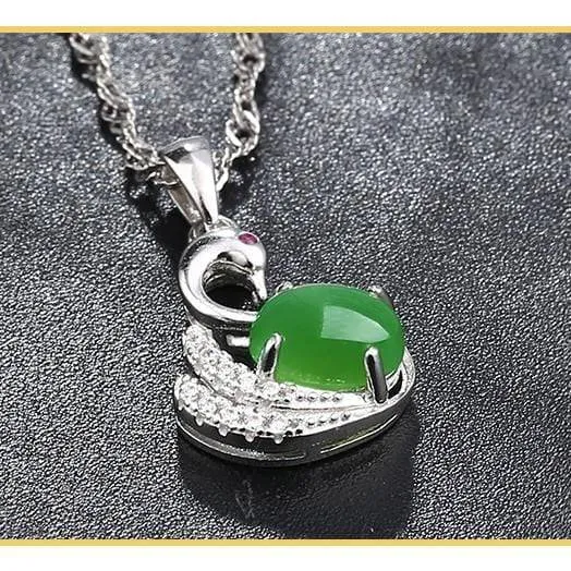 Baikalla™ "Love Swan" Genuine Nephrite Green Jade Swan Pendant Necklace with Tourmaline & CZ