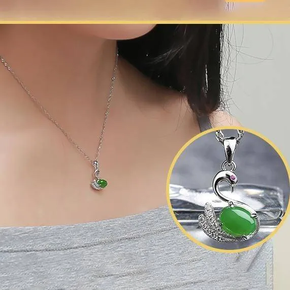 Baikalla™ "Love Swan" Genuine Nephrite Green Jade Swan Pendant Necklace with Tourmaline & CZ