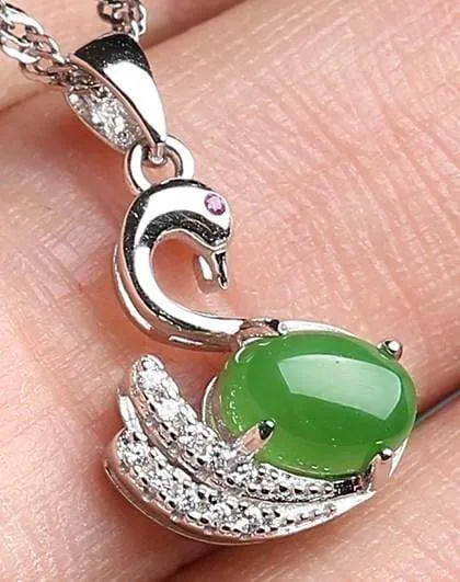 Baikalla™ "Love Swan" Genuine Nephrite Green Jade Swan Pendant Necklace with Tourmaline & CZ