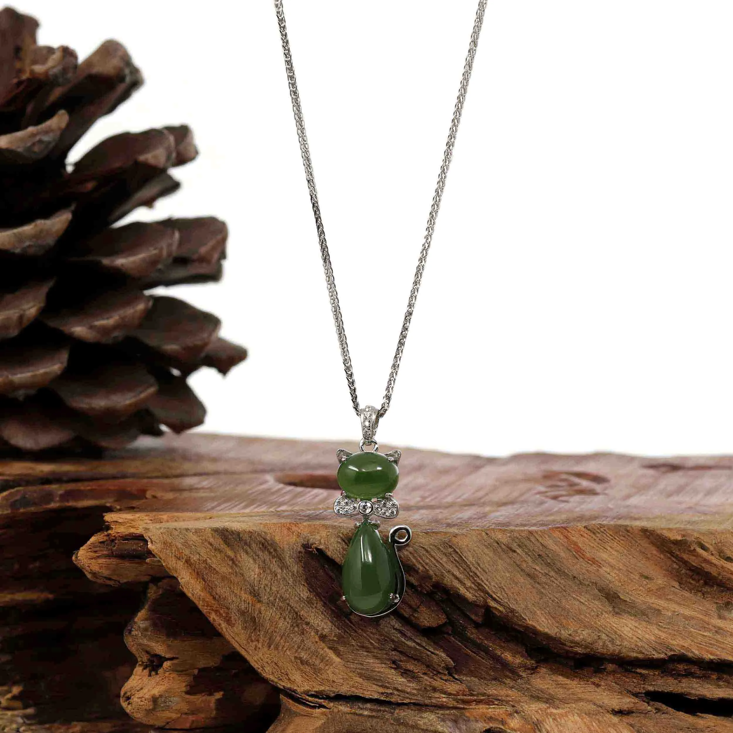 Baikalla™ "Lucky Kitten" Sterling Silver Genuine Nephrite Green Jade Cat Pendant Necklace