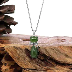 Baikalla™ "Lucky Kitten" Sterling Silver Genuine Nephrite Green Jade Cat Pendant Necklace