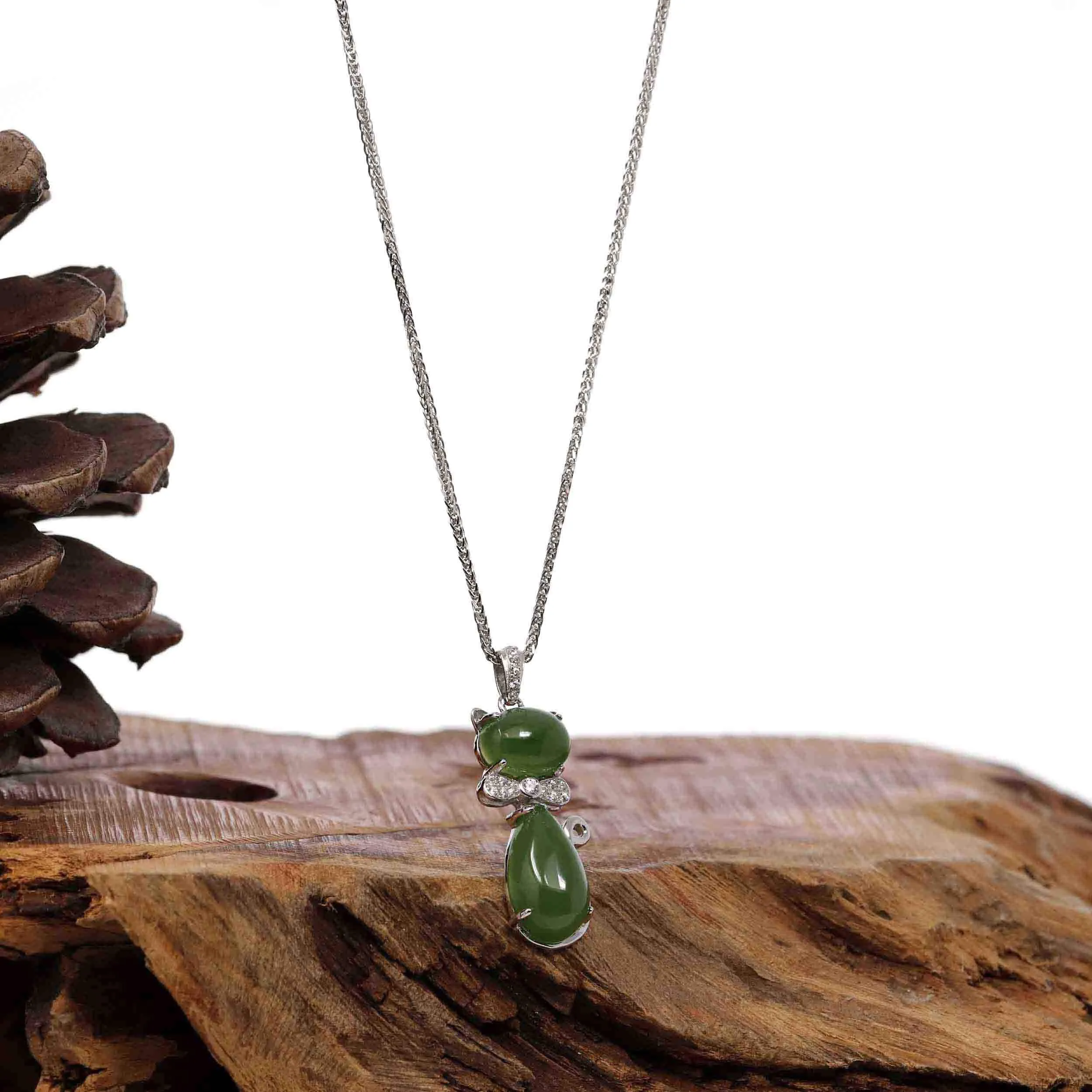 Baikalla™ "Lucky Kitten" Sterling Silver Genuine Nephrite Green Jade Cat Pendant Necklace